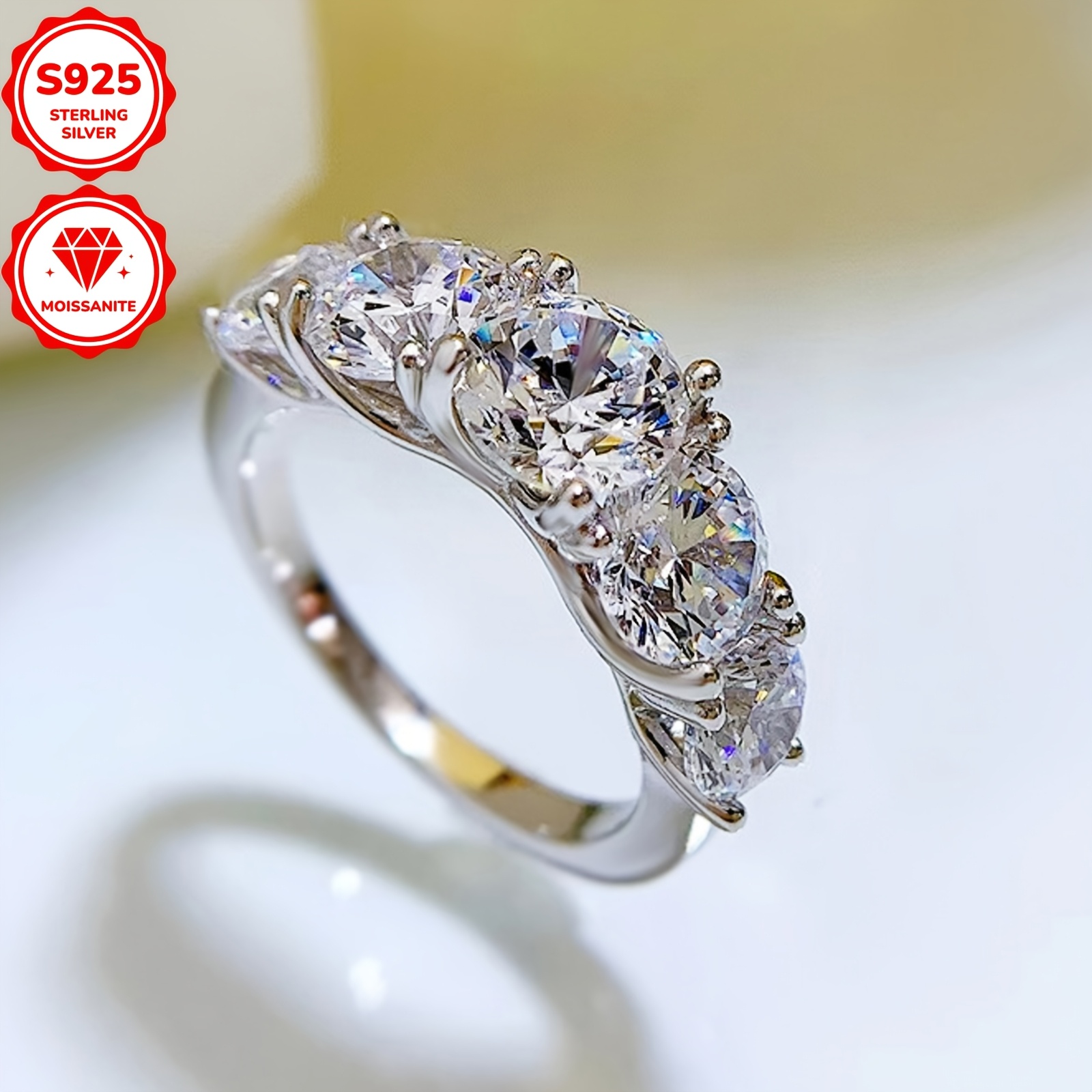 Moissanite 5 Stone 925 Silver Ring, 6.5mm Round Moissanite