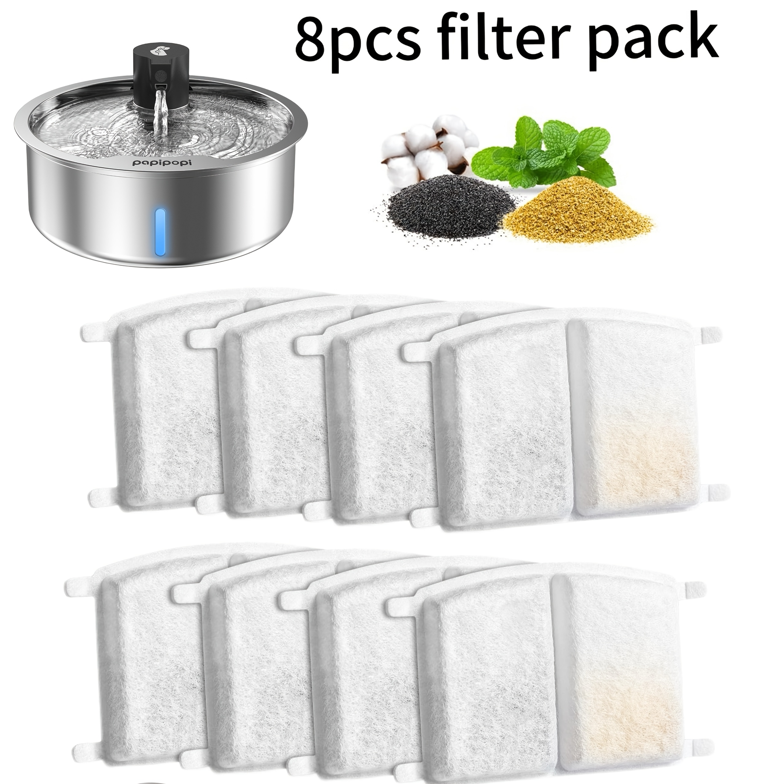 Set Of 8 Replacement Filters Designed For Large Dog And Multi-cat Water Dispensers, Compatible With 8l And 5l Stainless Steel Fountains, Featuring High-efficiency Carbon Filtration, Without Battery