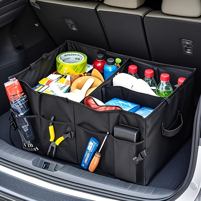 TEMU Foldable Car Trunk Organizer With Adjustable Black Straps - Rear Seat Nylon Storage Box, Car Interior Additions