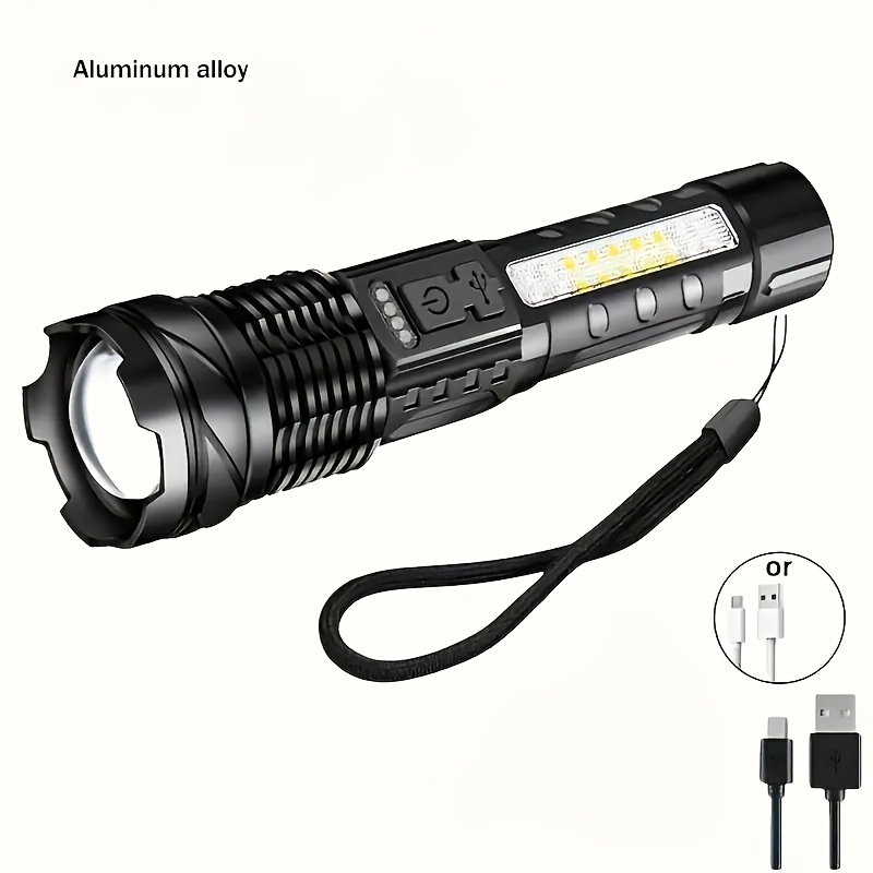 TEMU 1pc Rechargeable Led Flashlight, Waterproof With Side Lights, Usb Powered, Aluminum Shade, Polished , Portable With Switch Control, 1200mah