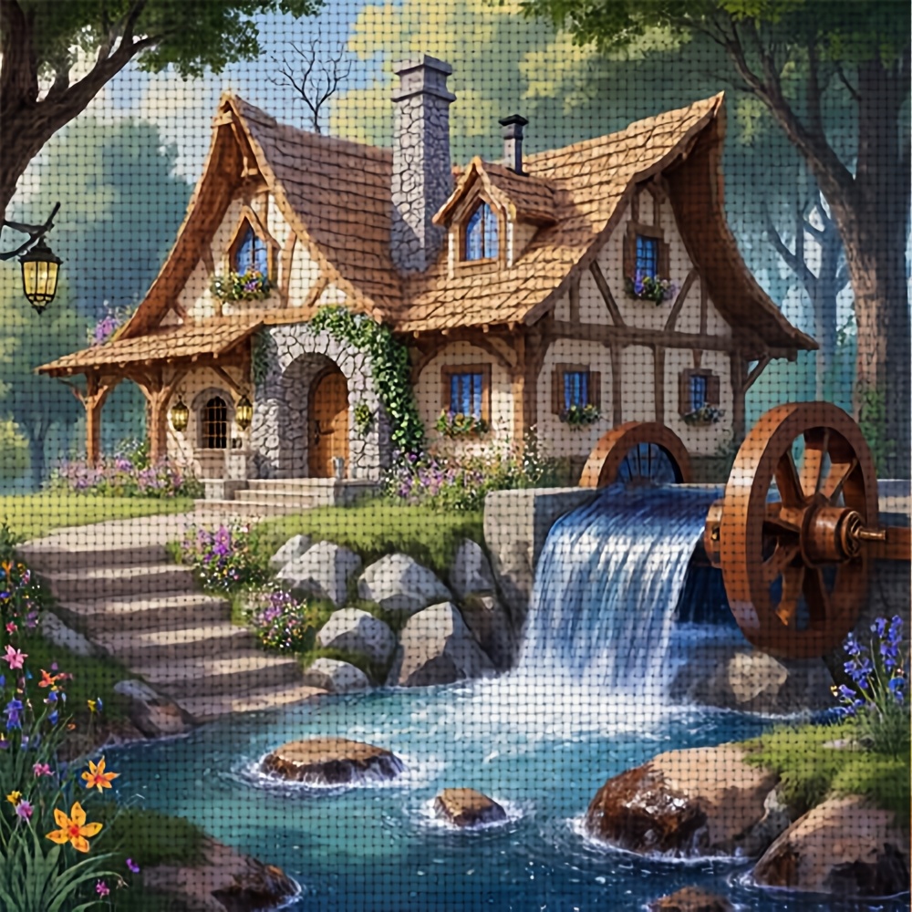 TEMU 1 Set Of 11ct Frameless Diy Cross Stitch Kit- Cottage By Forest Stream With Water Wheel,suitable For Adults And Beginners To Relax, Handmade