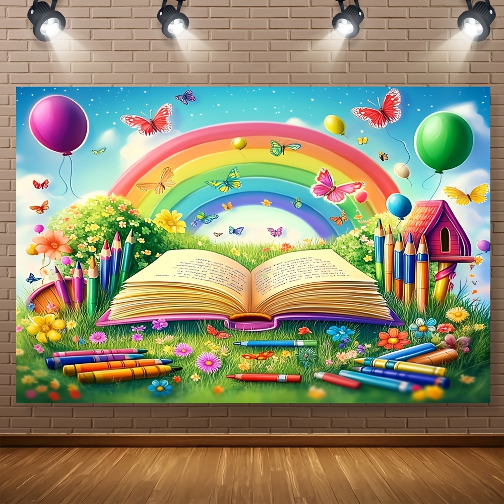 

1pc Back To School Rainbow Photography Backdrop, 100% Polyester, Universal Holiday Theme, Non-electric Wall Decor, Home & Studio Prop, With Multiple Sizes For Parties