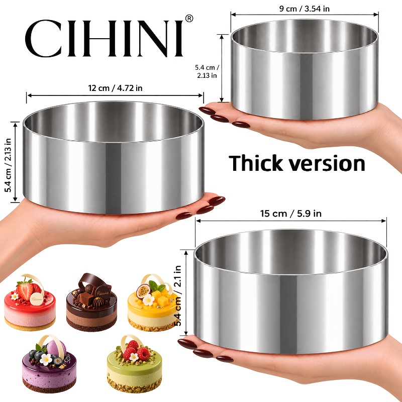 TEMU Cihini 3pcs Set Of Thickened And Elevated Stainless Steel Mousse Rings, Sizes: 15cm/5.9inch, 12cm/4.72inch, 9cm/3.54inch, Height: 5.4cm/2.1inch.