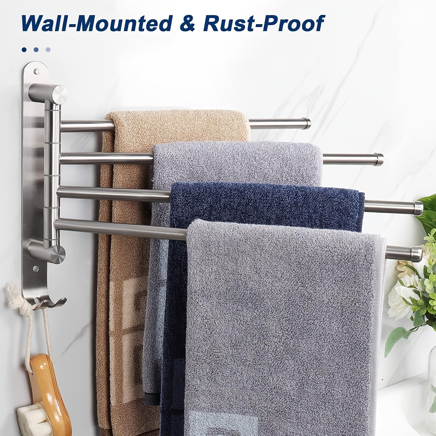 3-Arm Rotating Towel Rack – Wall-Mounted, Space-Saving, 180° Swinging Arms, Rust-Proof Matte Black Finish For Bathroom & Kitchen