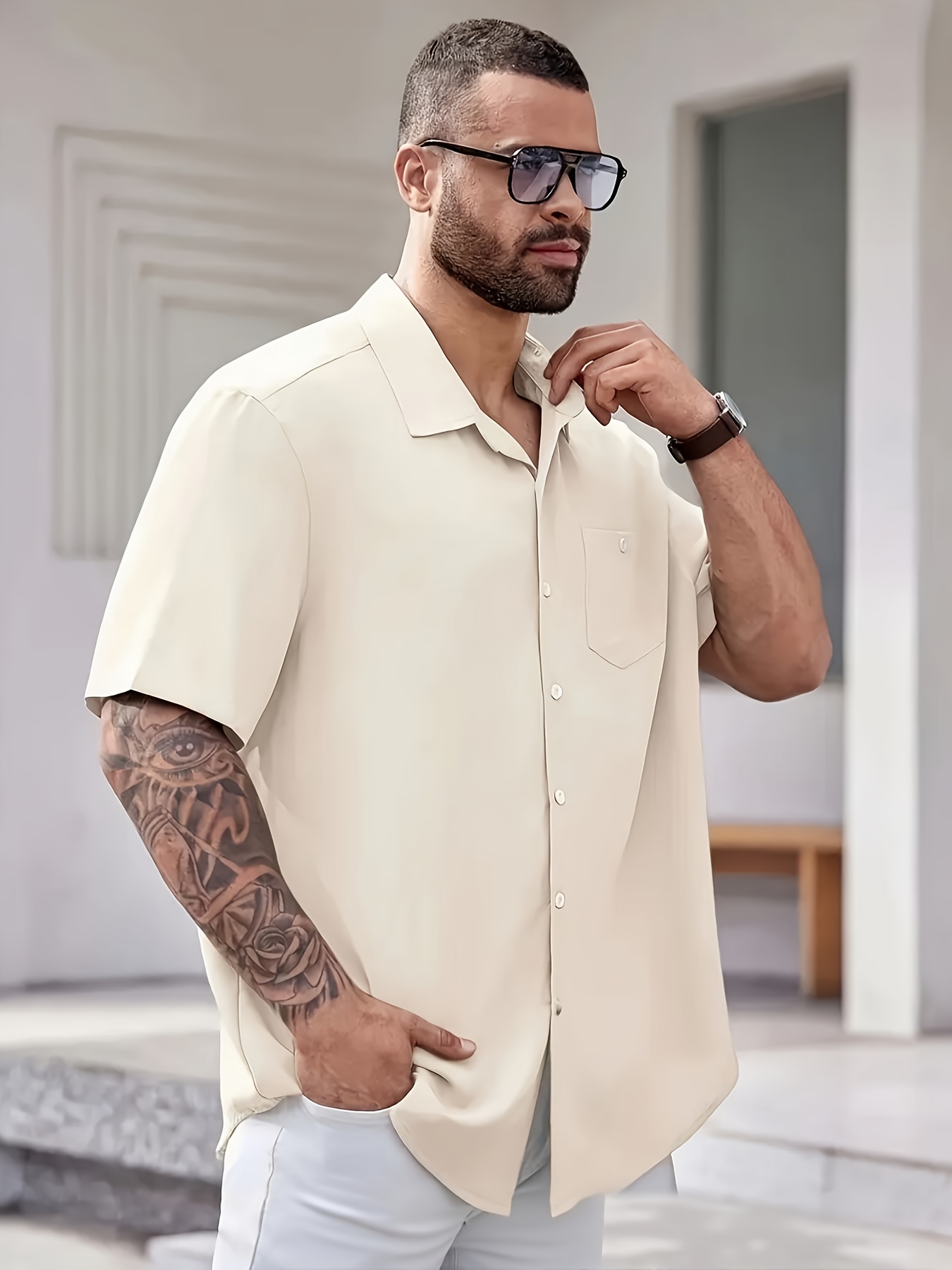 mens plus size black short sleeve button shirt casual loose Temu