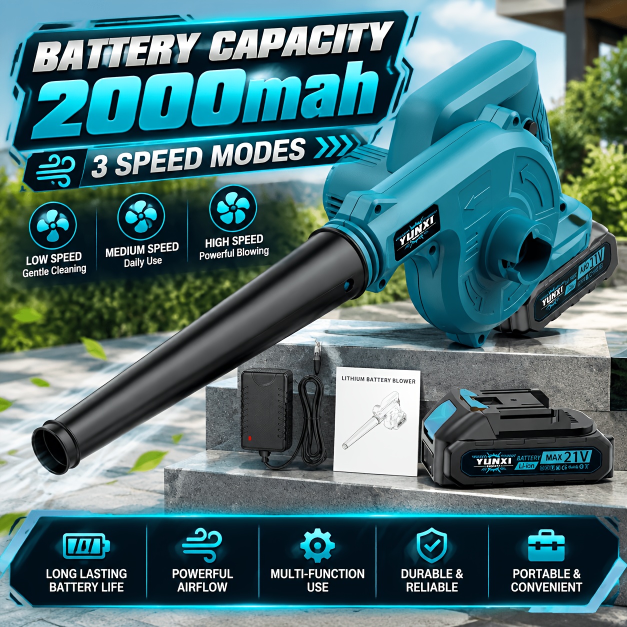 TEMU Leaf Blower Cordless 21v, Battery Leaf Blower With 2 X2000mah Batteries And Charger, Modes, Handheld Cordless Blower For Lawn Care, Blowing