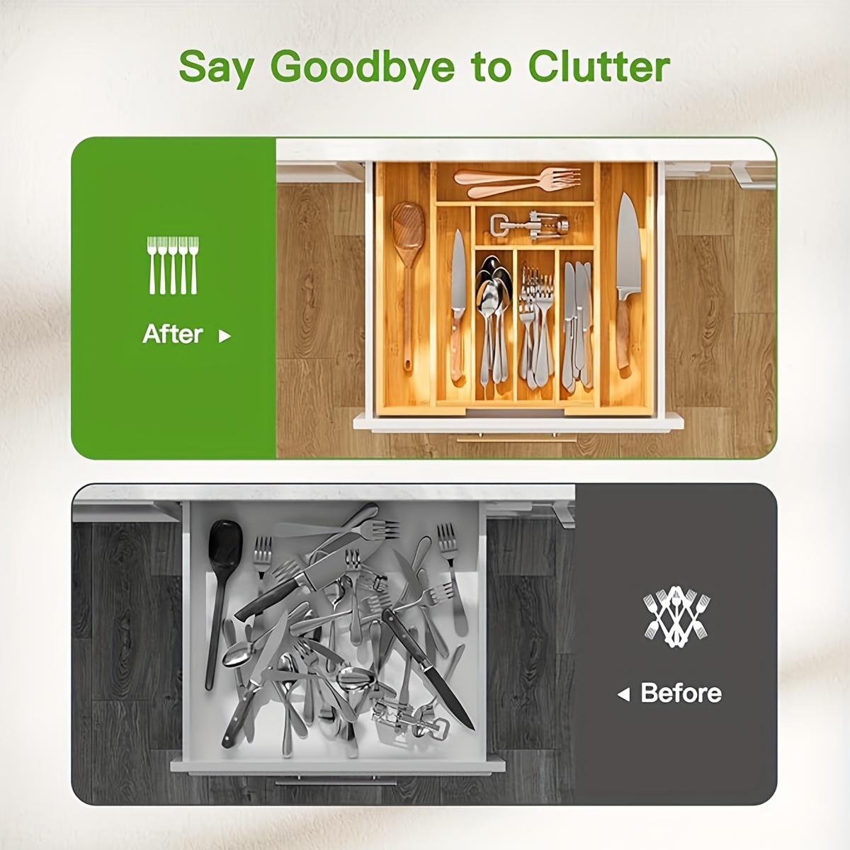 1pc bamboo cutlery organizer kitchen drawer storage box expandable cutlery organizer tray bamboo cutlery organizer tray with drawer dividers suitable for organizing silverware cutlery and knives in storage office kitchen bedroom and living room multifunctional bamboo drawer storage box organizer details 0