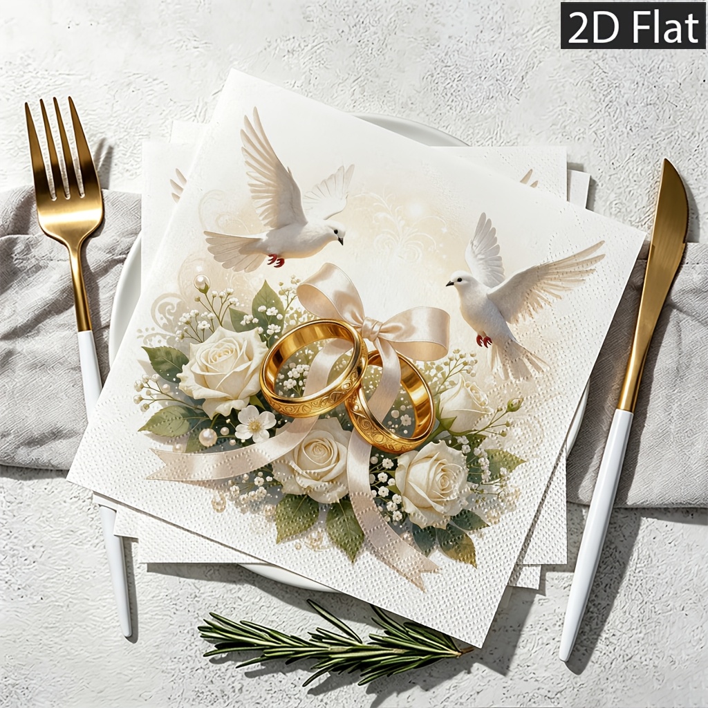 TEMU 2d Flat 20pcs Disposable Paper Napkins, 2-ply For Extra Durability, Golden Floral Rings With White Roses Doves And Satin Ribbon, - Perfect For