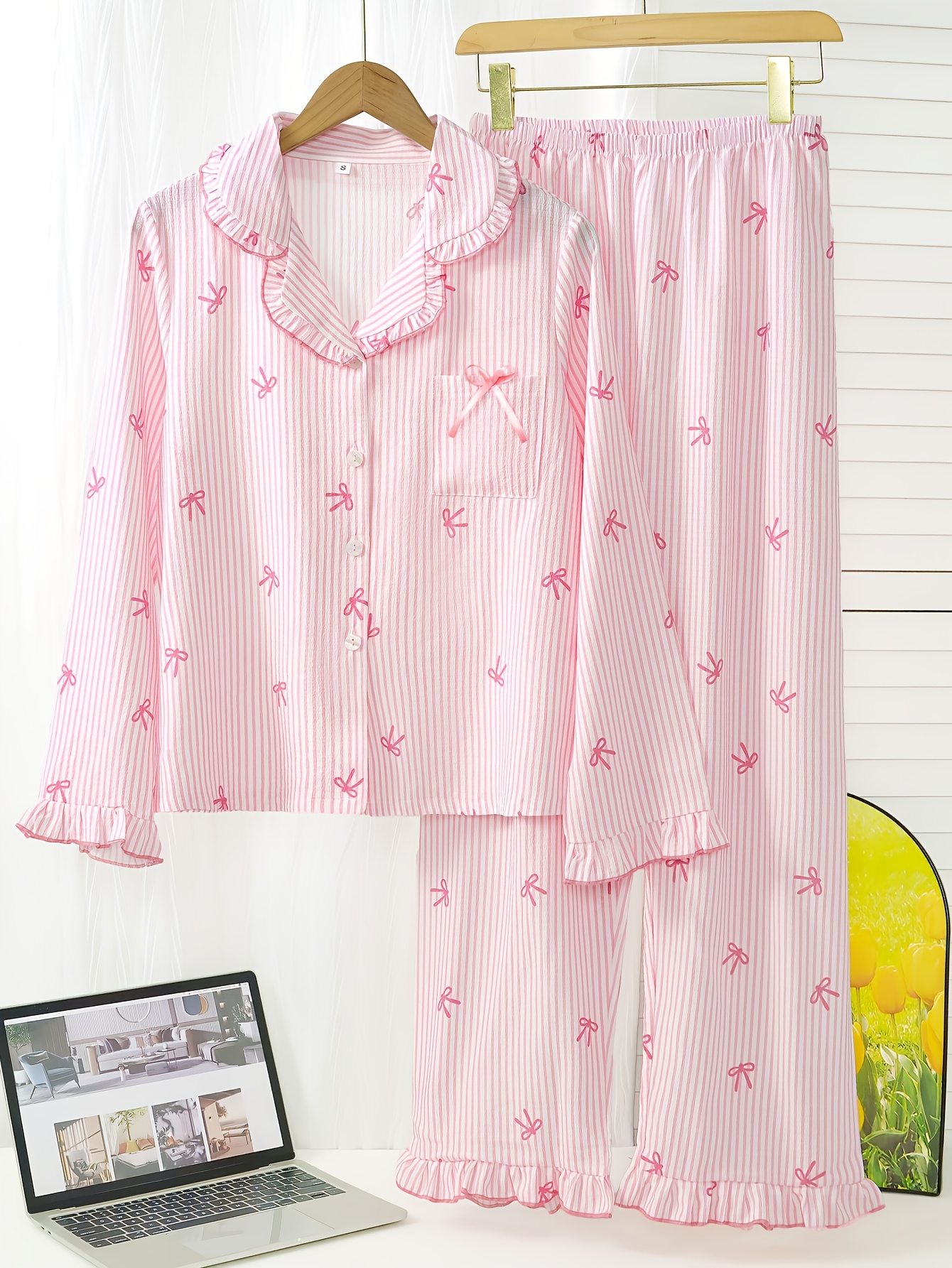 2pièces pyjama élégant femme à rayures roses ensemble pyjama