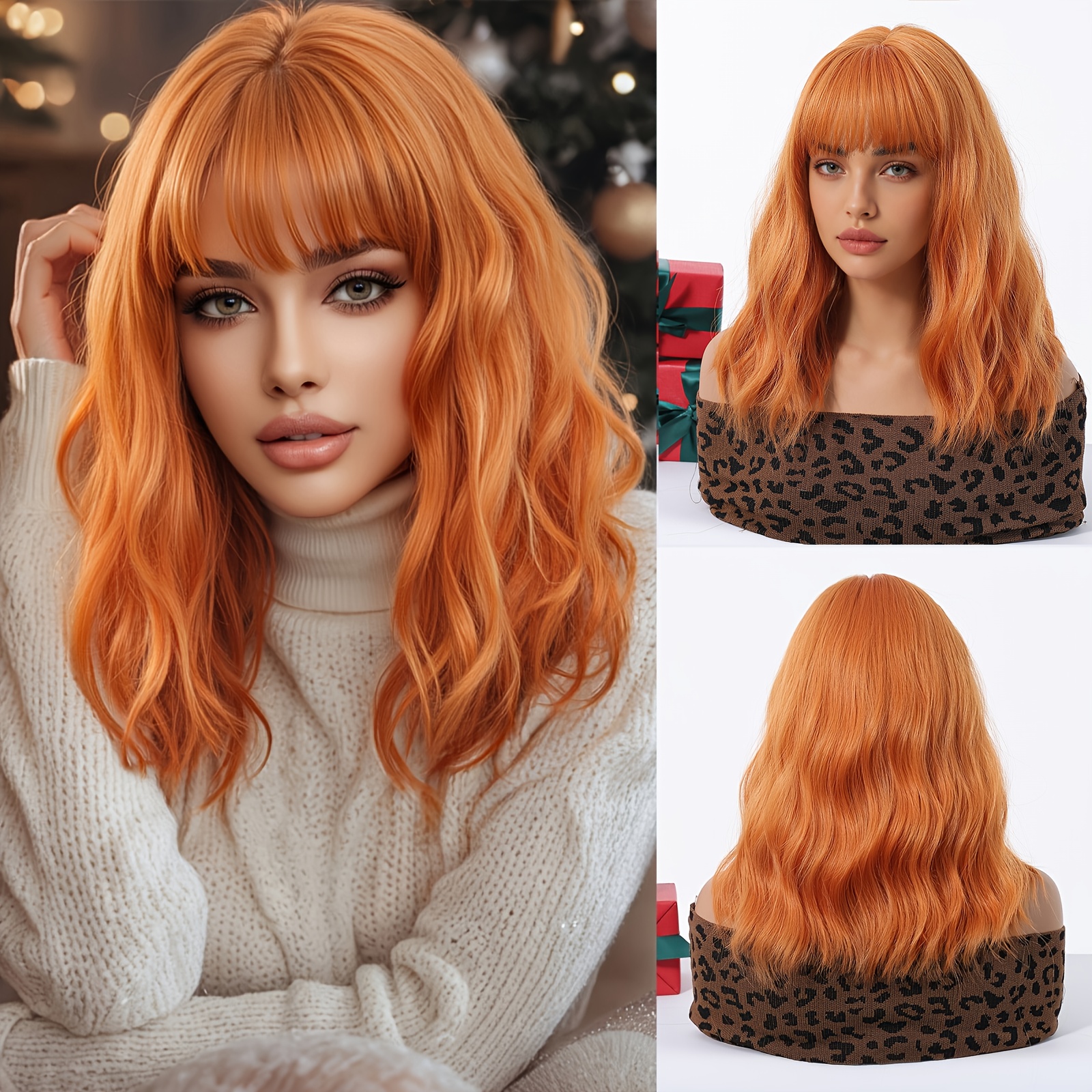 [] Vibrant Orange 16-inch Long Curly Wavy Wig With Bangs - High-temperature Synthetic Fiber, Perfect For Women' Wear Or Cosplay, Wig Accessories