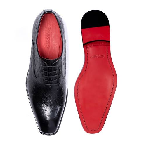 mens hand stitched ostrich embossed oxford shoes classic vintage black square toe red genuine leather lining non slip rubber sole elevated tier full cowhide formal shoes