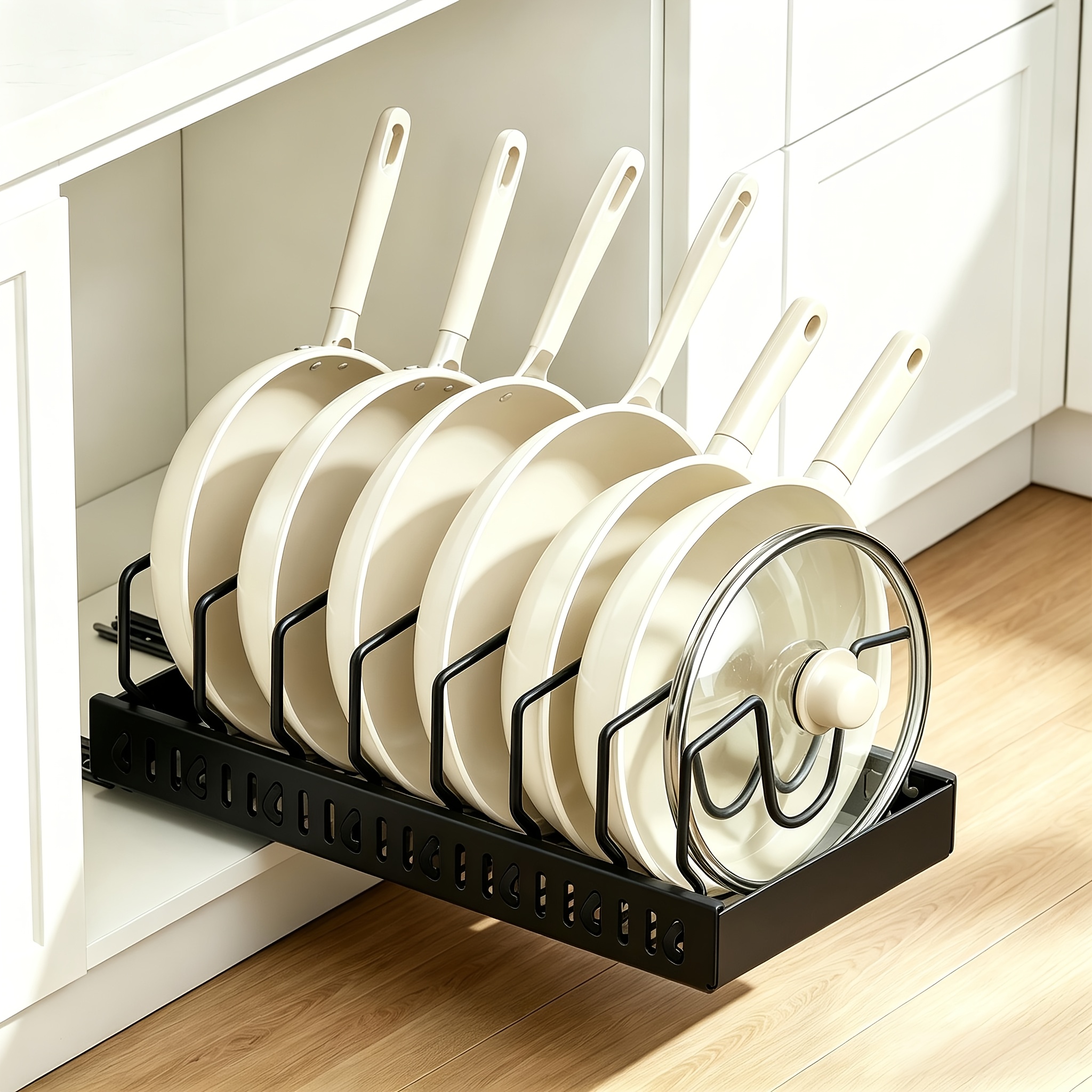 1pc/ 2pcs Set Pull-out Cookware Organizer Rack, Lid Organizer Rack With 8 Adjustable Dividers, Kitchen Cabinet Organizer, Under Sink Cookware Organizer ()