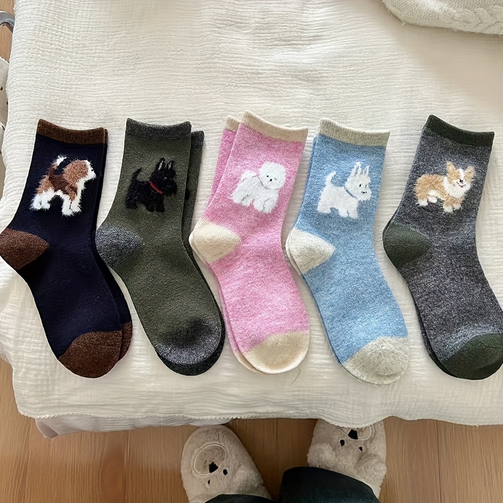 

5 Pairs Cute Dog Crew Socks For Women, Polyester Knit Fabric With Spandex, Cozy Fuzzy Animal Pattern Mid-calf Length, Comfortable Socks - Hand Wash/