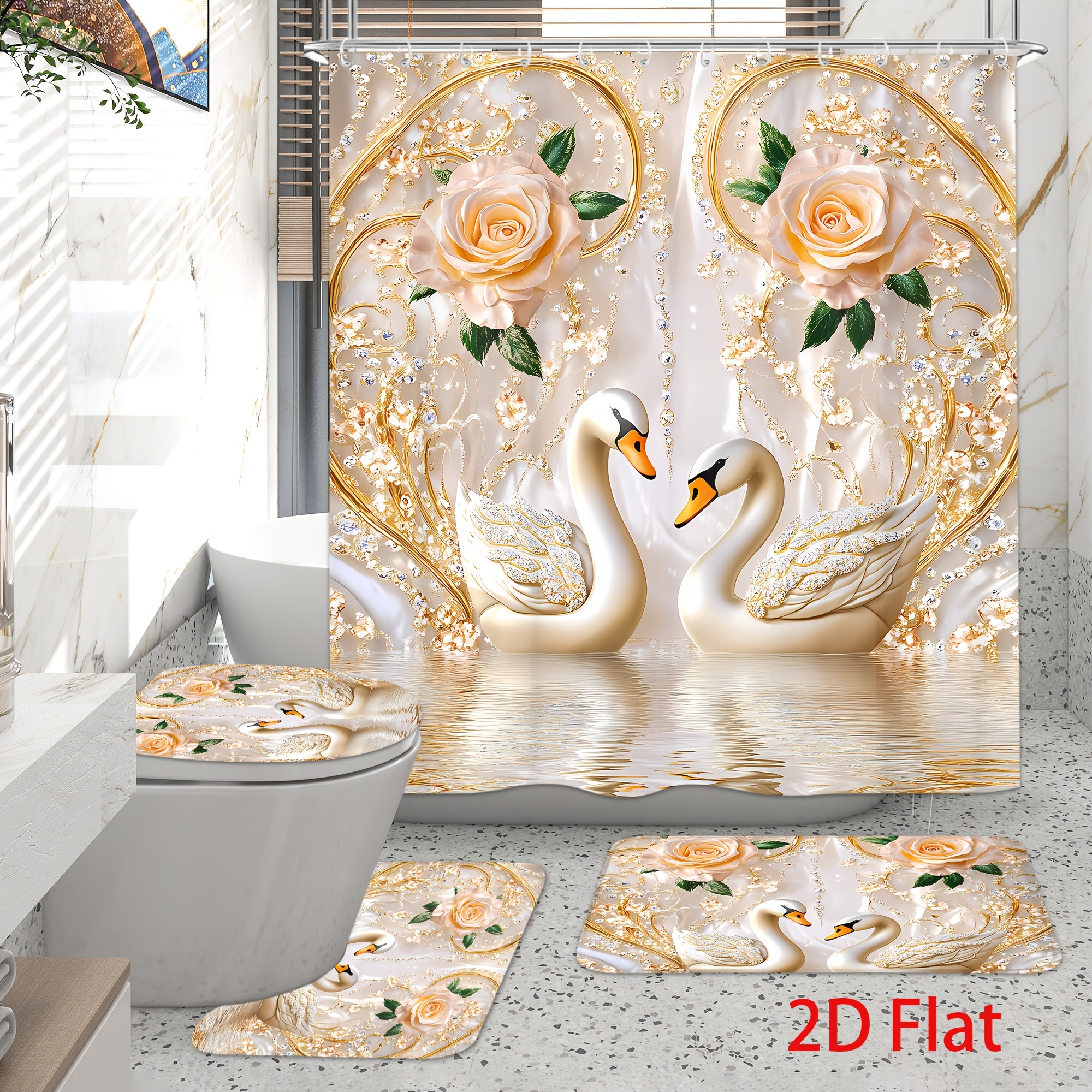 TEMU [2d Flat] 4pcs Luxurious Print Shower Curtain Sets, Includes High Quality Shower Curtain, Non-slip Bath Mat, Toilet Seat Cover, Bath Rug, And 12