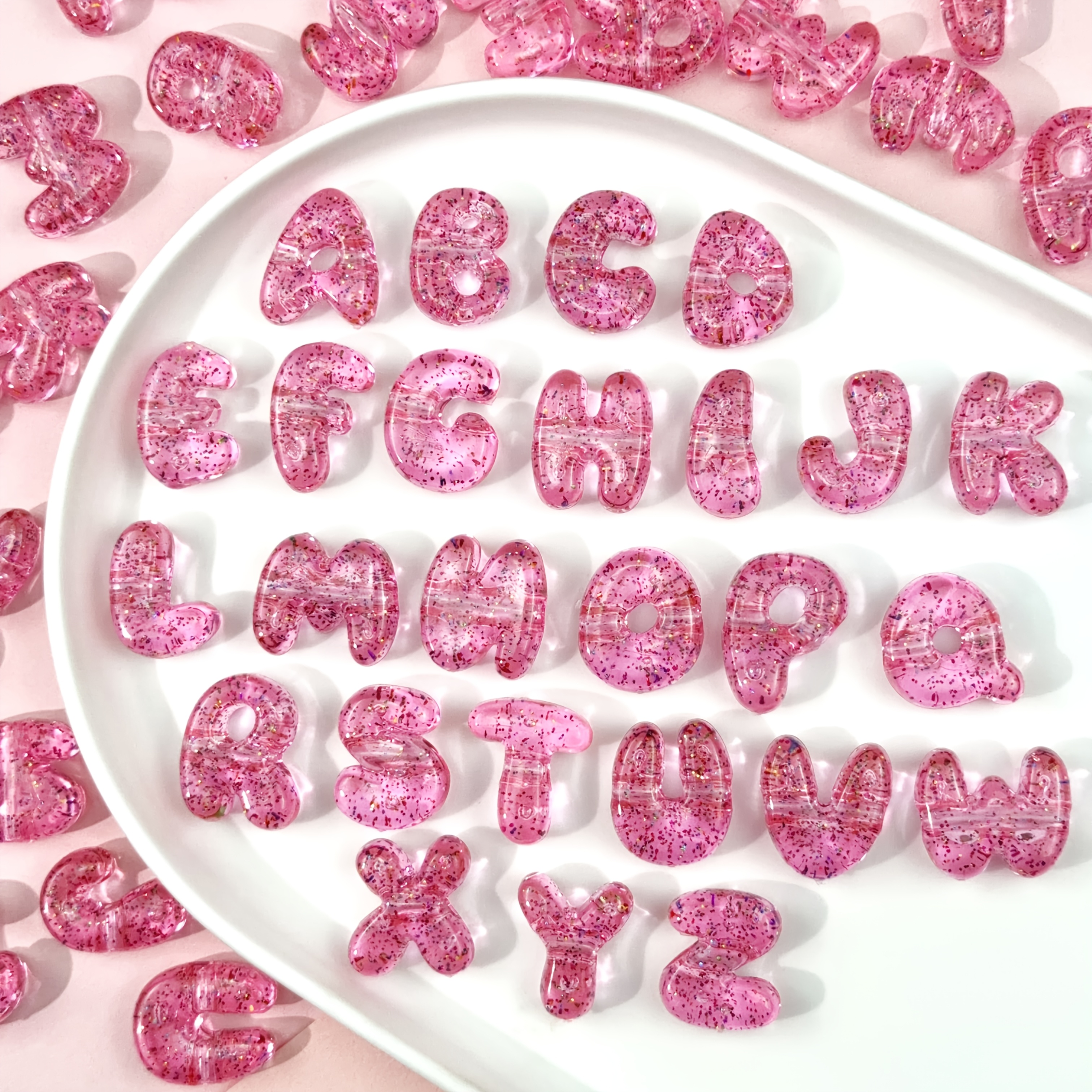 TEMU 107pcs High-quality Transparent Pink Large Hole Sparkling Acrylic Letter Beads, Pink Decorative Beads Random Letter Beads, Suitable For Handmade