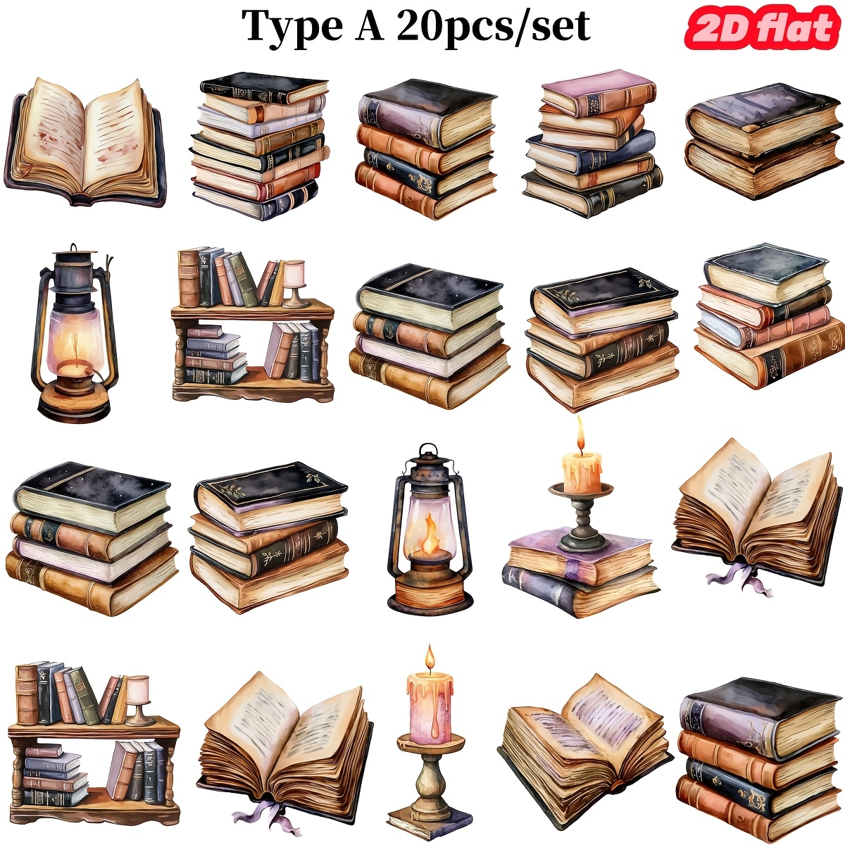 TEMU 20pcs/set Handmade Creative Watercolor Books Ancient Books Series 2d Plane High Quality Sticker Is Suitable For Garbage Diary Notebook Scrapbook
