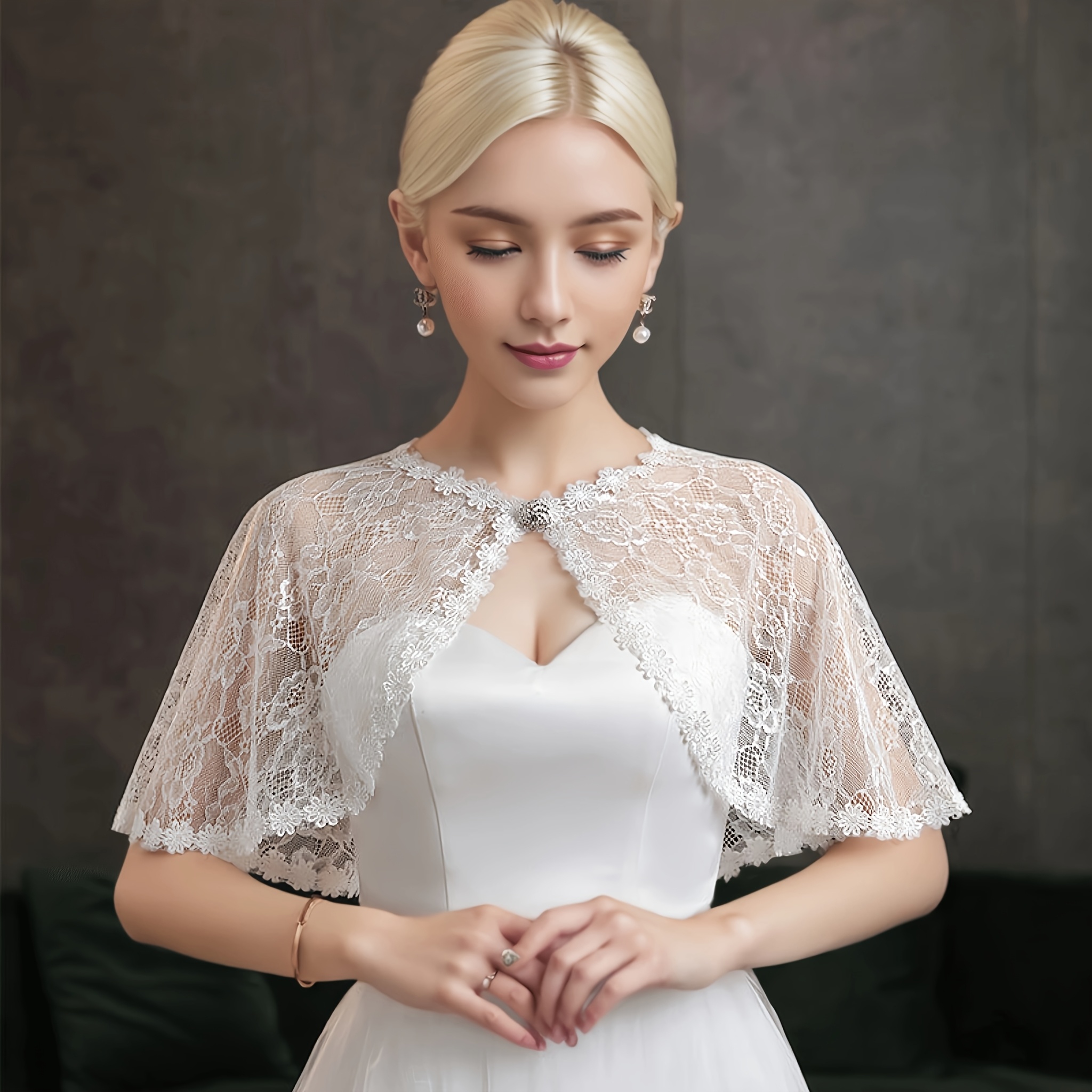 TEMU Elegant Bridal Cape Halter Neck Lace Mesh Short Sleeve Shrug, Sheer Tulle Wedding Shoulder Cover Up For Formal Party Gown