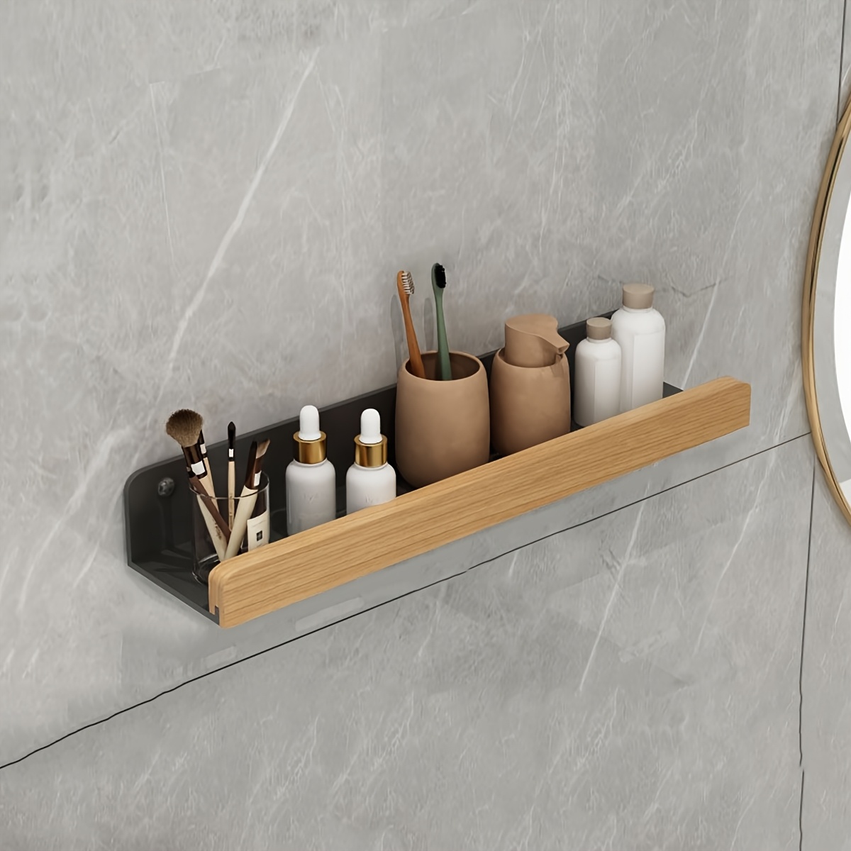 Image of 1pc Wall Mounted Bathroom Storage Rack, Bathroom Hanging Shelf, Cosmetic Storage Rack, Shampoo Shower Gel Holder Organizer, Bathroom Additions, Bathroom Storage And Organization