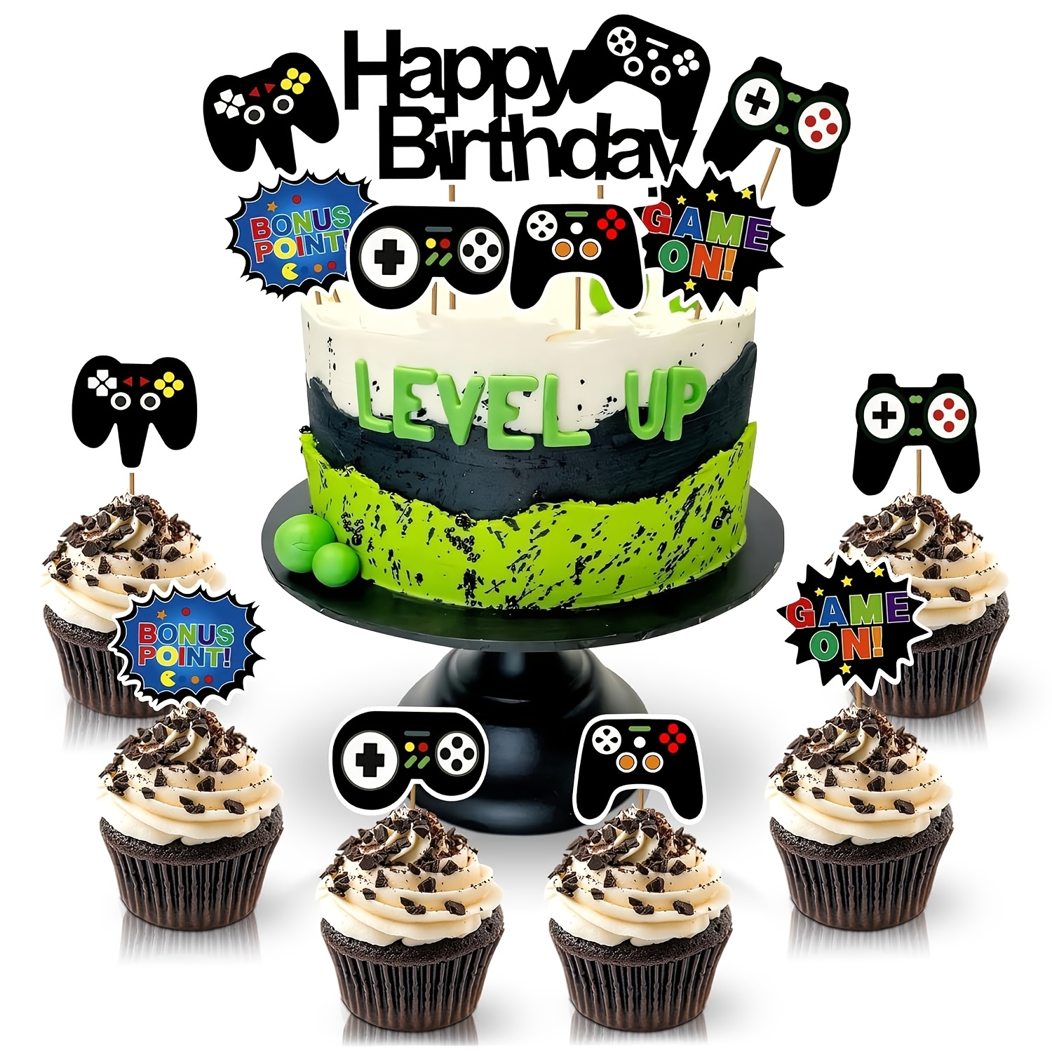 Image of 13pcs Gamer Cake Toppers - Sturdy Cardboard Game Decorations With Detailed Gamepads, Video Toppers Easy & Firm Installation Sticks - Video Game Decorations For Baby Shower Cake Decor