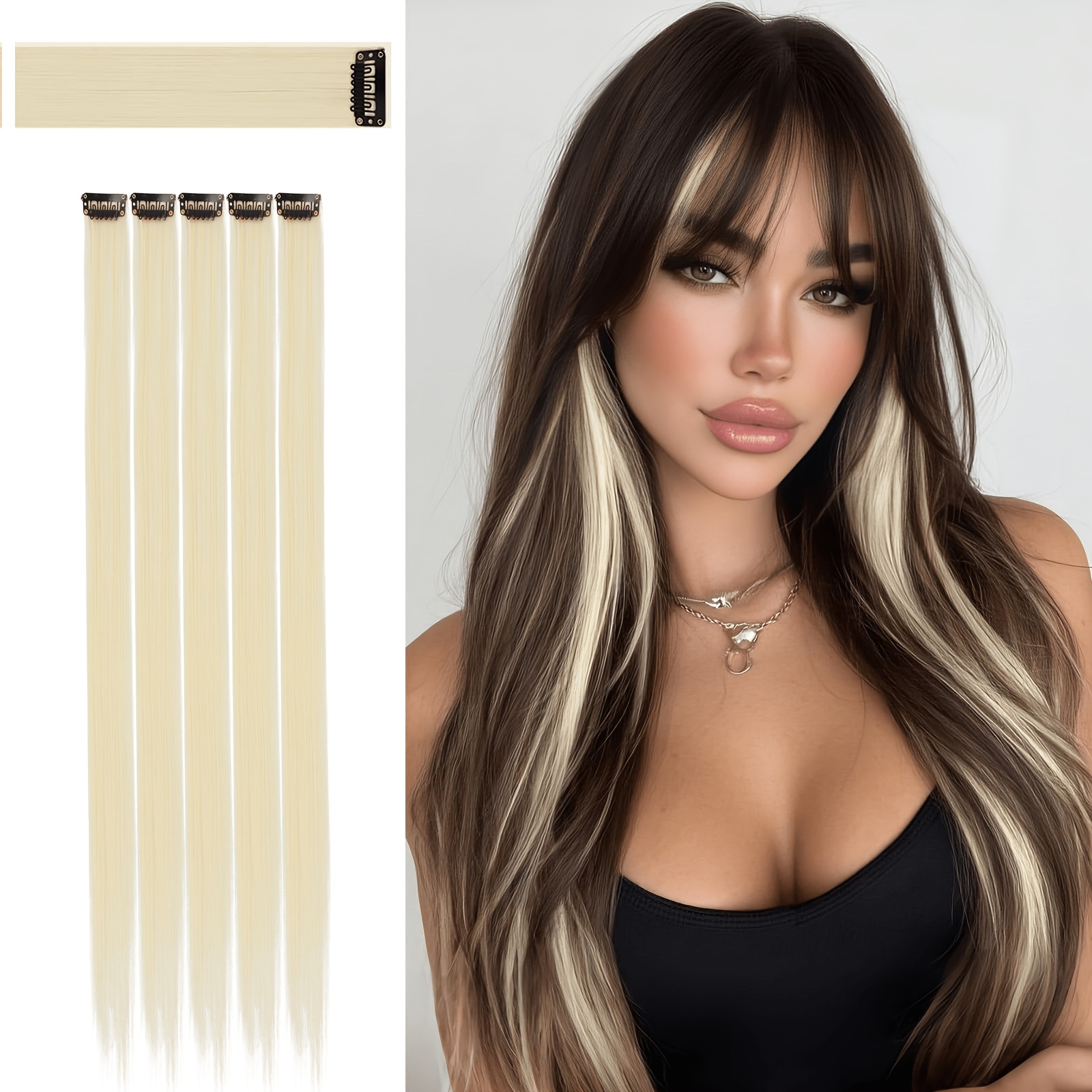 TEMU 5pcs Hair Extensions | 24" Clip In Hair Extension | Colourful Straight Long Hair Extensions Clip In Hair Synthetic Straight Hair Piece Suitable