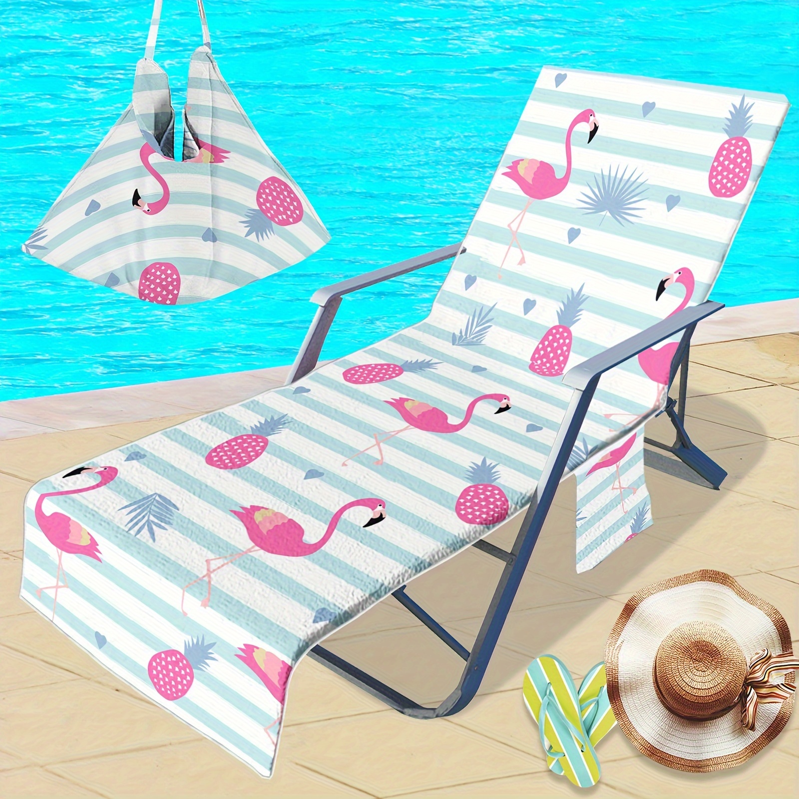 Flamingo Pattern Beach Chair Cover Towel, 100% Polyester Modern Print  Oblong Lounge Chair Towel, Convertible to Beach Bag with Side Pocket for