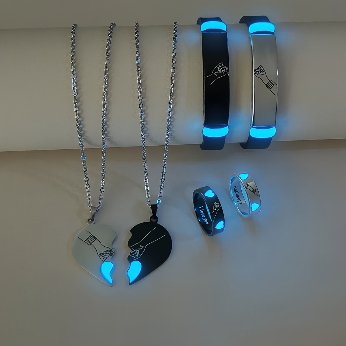 6pcs set heart   hook pattern and glow in the   couple rings bracelet necklace womens fashion additions valentines day gift