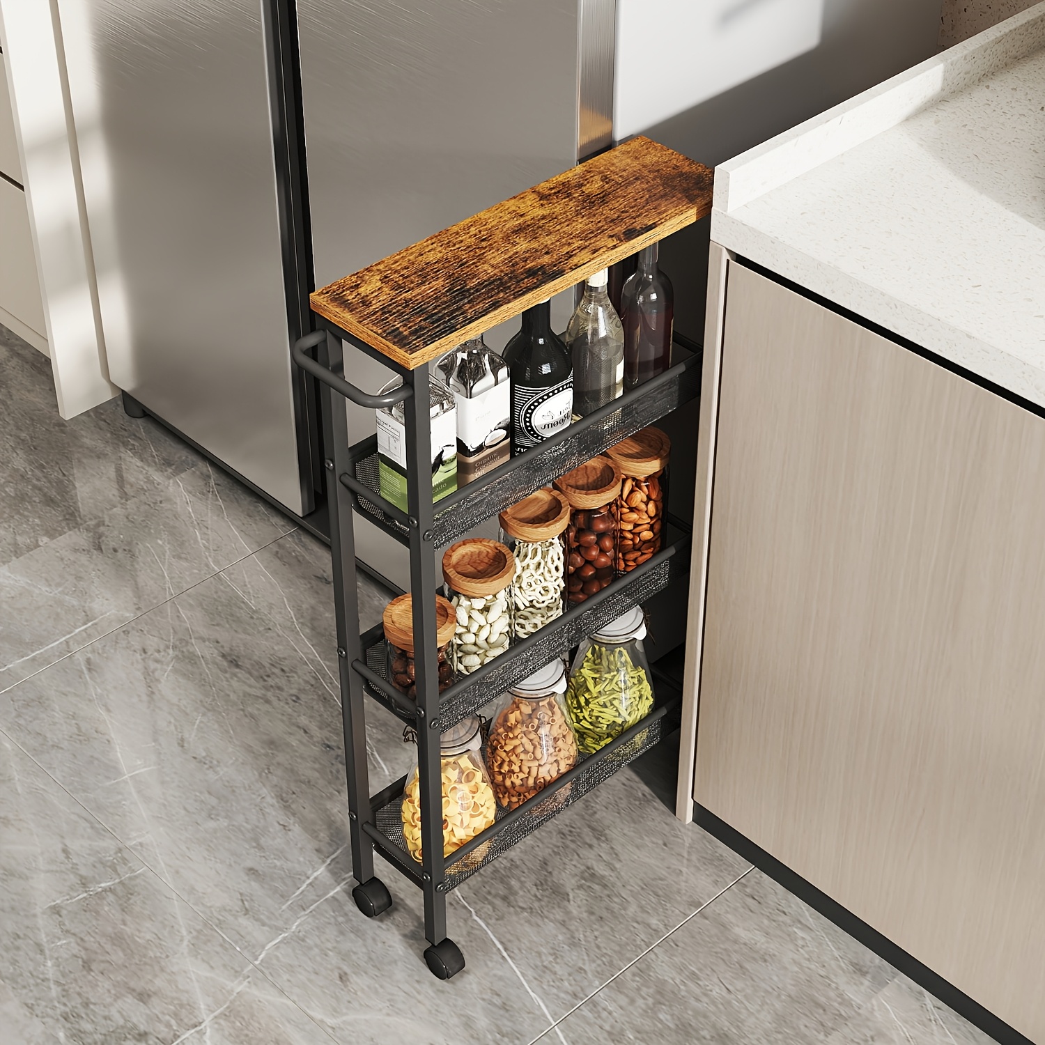 E-shop 4-Ständer Trolley, platzsparender Küchenwagen mit Rädern, Stahlrahmen, Griff, Rollwagen für kleine Räume, Küche Badezimmer Wohnzimmer Studio