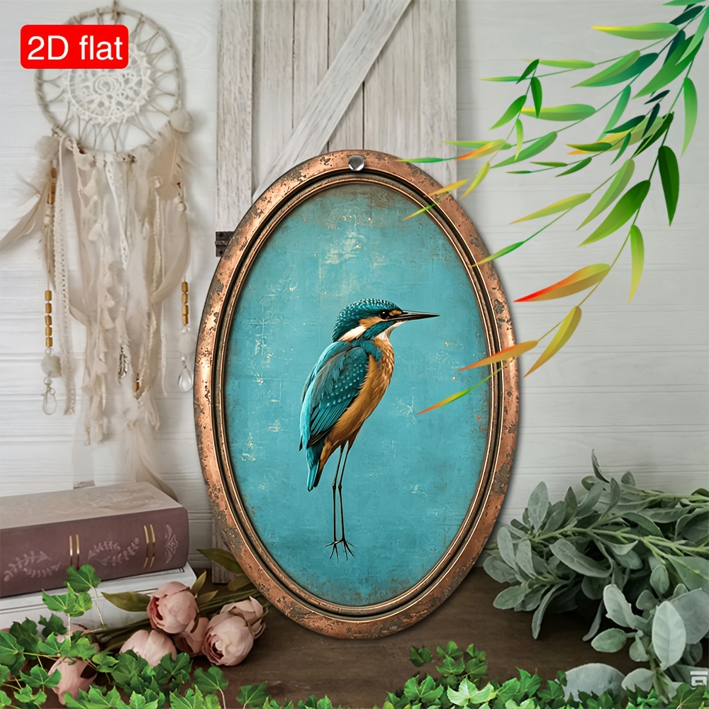 TEMU 2d Flat, 2d Flat Oval Distressed Copper Brown Frame Vintage Kingfisher Bird Wood Sign, Classic Teal Background Bird Plaque, Wall Tabletop Decor