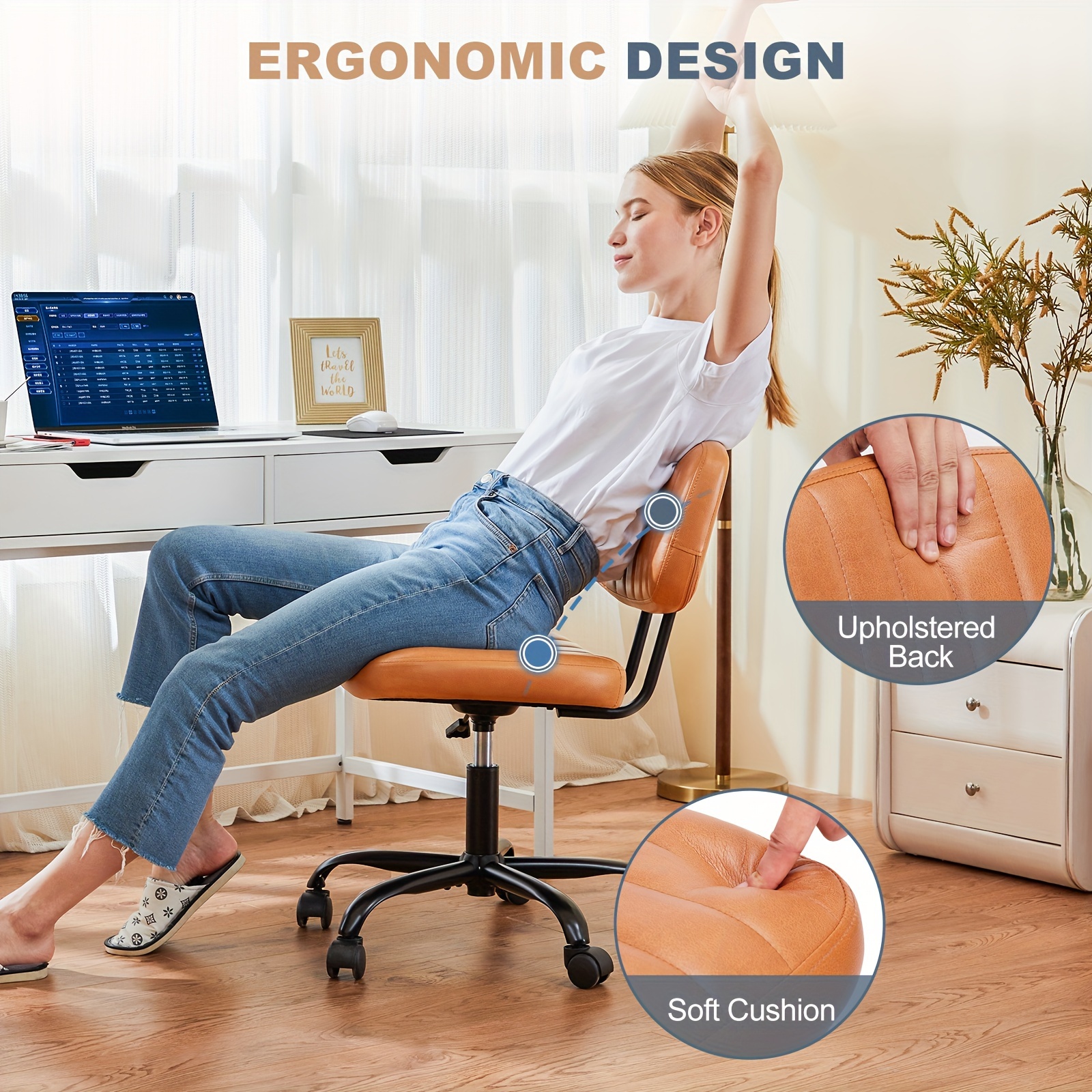 

Small Office Desk Chair With Wheels Armless Comfy Computer Chair With Lumbar Support, Pu Leather Low Back Adjustable Height 360° Rolling Swivel Task Chair Without Arm For Home