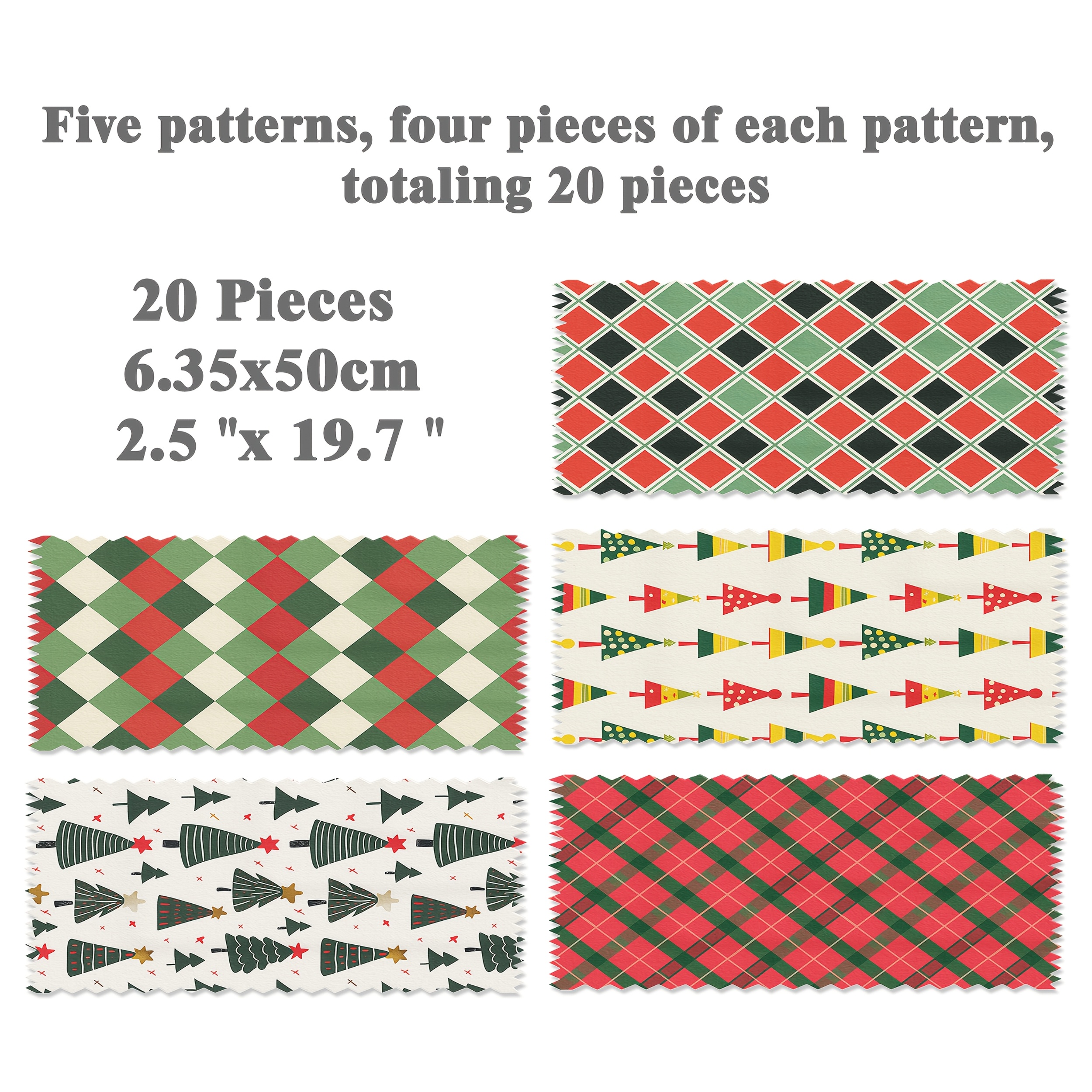 TEMU Bandes de tissu longues imprimées avec drapeau triangulaire d'arbre de Noël à carreaux rétro, lot de 20 pièces, taille 6,35 x 50 cm, tissu 100 %
