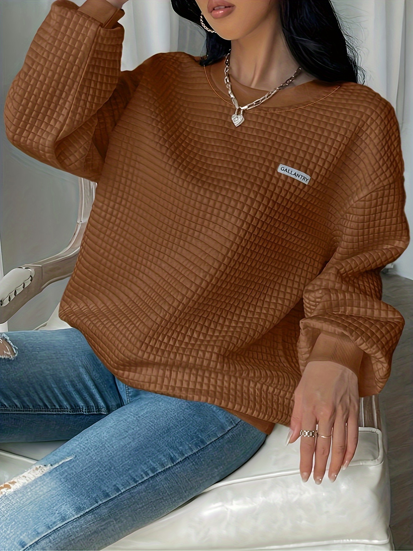 Yihaojia Women Casual Crewneck Waffle Knit Sweatshirts Tops Long