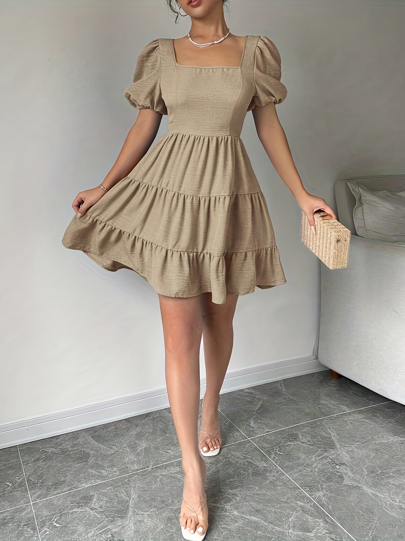womens beige puff sleeve shoulder bow tie midi dress ruffles - Temu  Mauritius