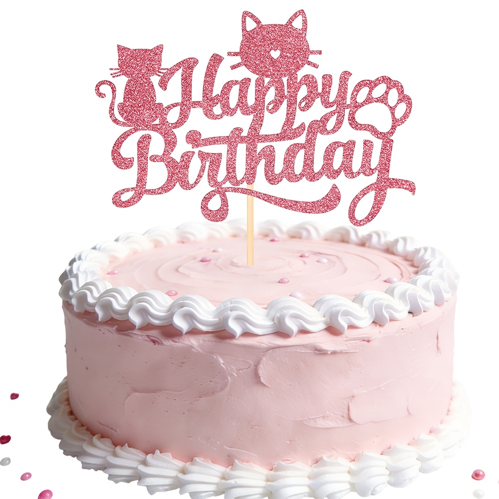 Image of 1pc Rose Golden Happy Birthday Cake Topper, Lovely Kitten Cake Topper Food Picks, Cat Lover Pet Theme Decor For Baby Shower/kids Birthday/wedding Party