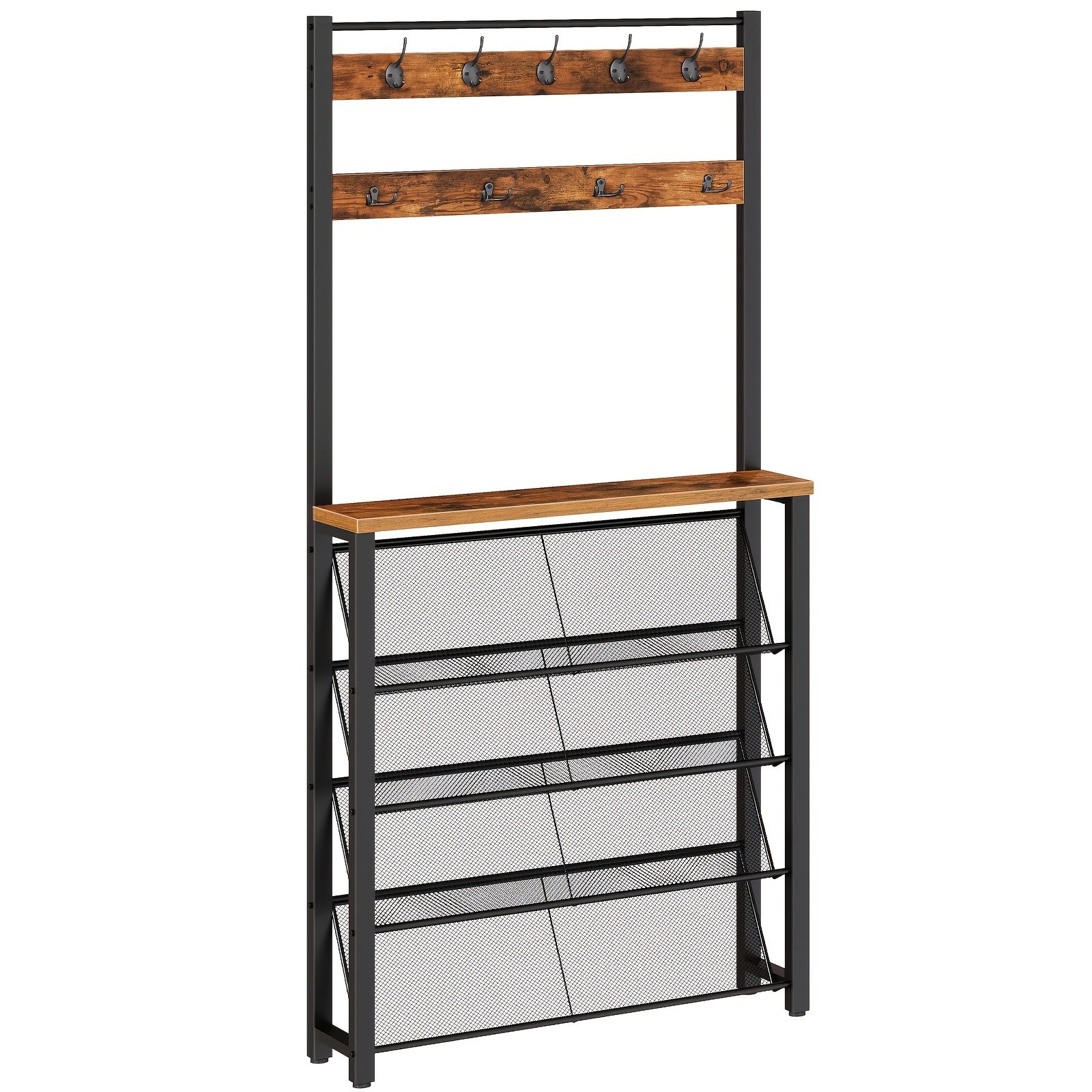 Image of 75-inch Narrow Entryway Table With Shoe Rack And Coat Hooks, Entryway Organizer, -one Coat Rack Suitable For Behind The Door, Hallway Entrance, Coat Rack