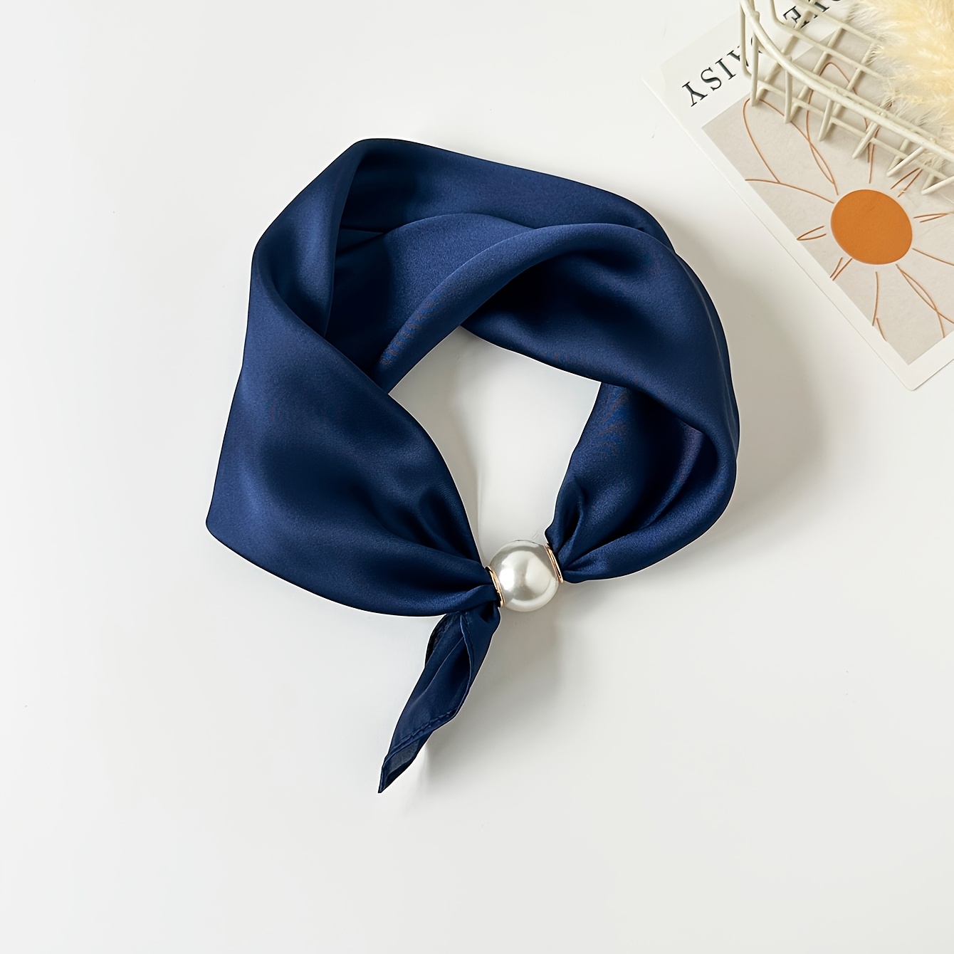 TEMU This Women' Luxury Pearl Satin Scarf, Temperament Style All-match Small Scarf. Smooth Satin Fabric, Draping With , Light And Skin-friendly When