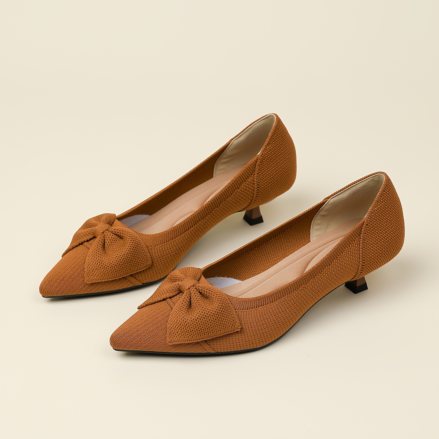 TEMU French New Gentle Style Bow Toe Low Heel Shoes, Breathable Fabric Comfortable Office Non-fatigue Kitten Heels Women's High Heels, Women Shoes