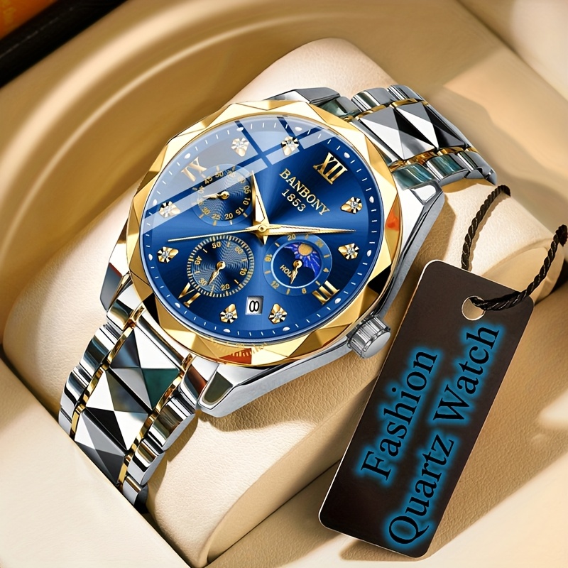 Banbony Men'S Quartz Watch Stainless Steel with Rhinestone Roman Numerals HD Large Dial Waterproof Luminous Display Date Calendar Multi-Function Silent Watch Fashionable Appearance Men'S Luxury Gift for Birthday, Family Gathering, Party