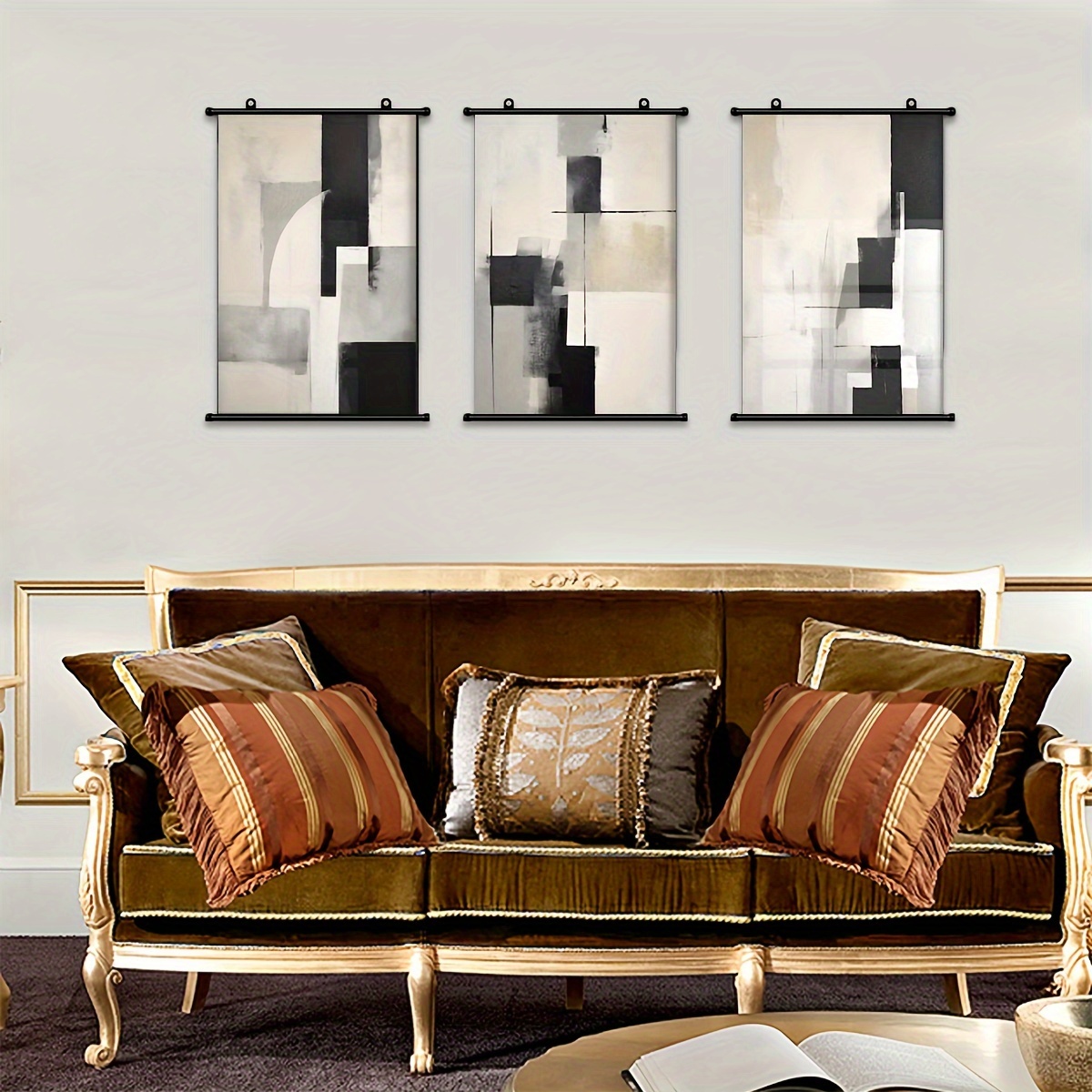 3piece Abstract Wall Art Set Beige, Gray & Black Prints With Plastic