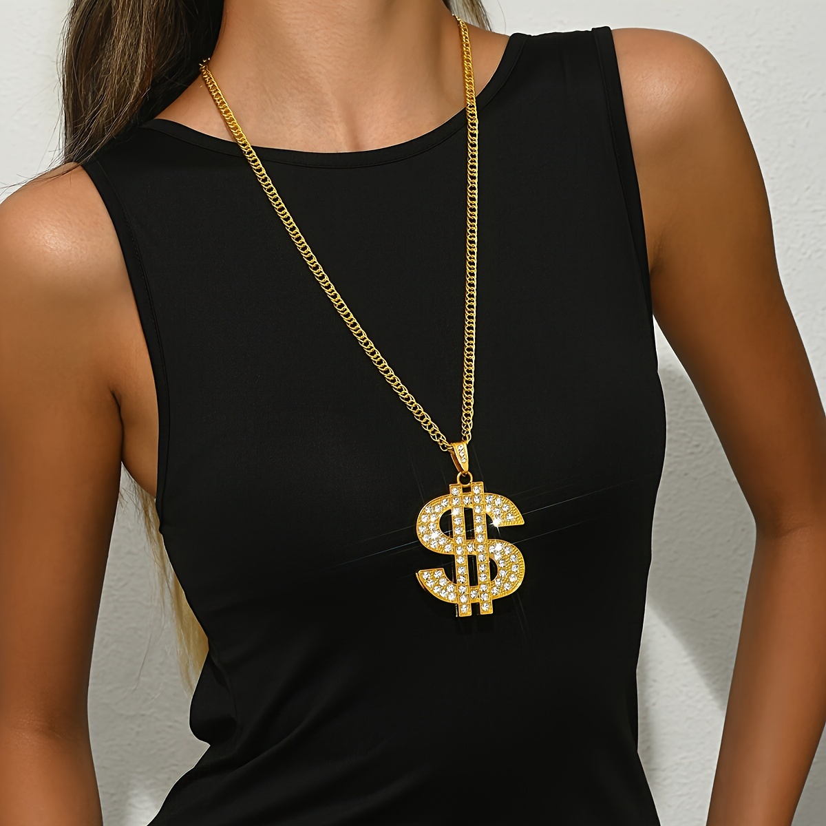 Image of 1pc Vintage Hip Hop Dollar Sign Pendant Necklace, Unisex Rhinestone Studded , Alloy Money Symbol Jewelry For Daily & Gift Occasions