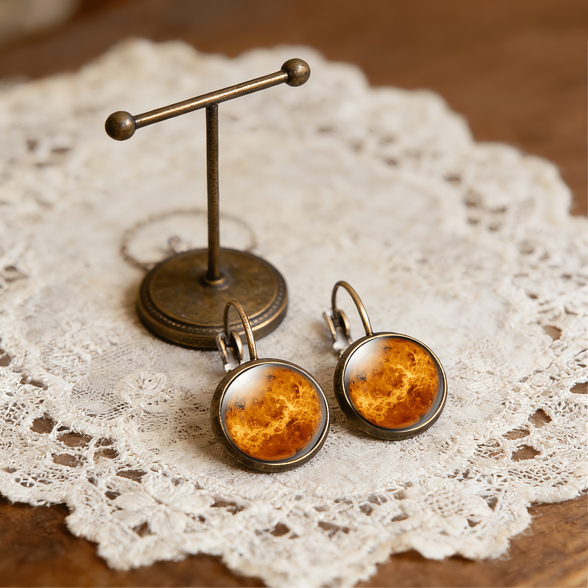 2pcs Cyan Round Classical Earrings Set, Planet Design