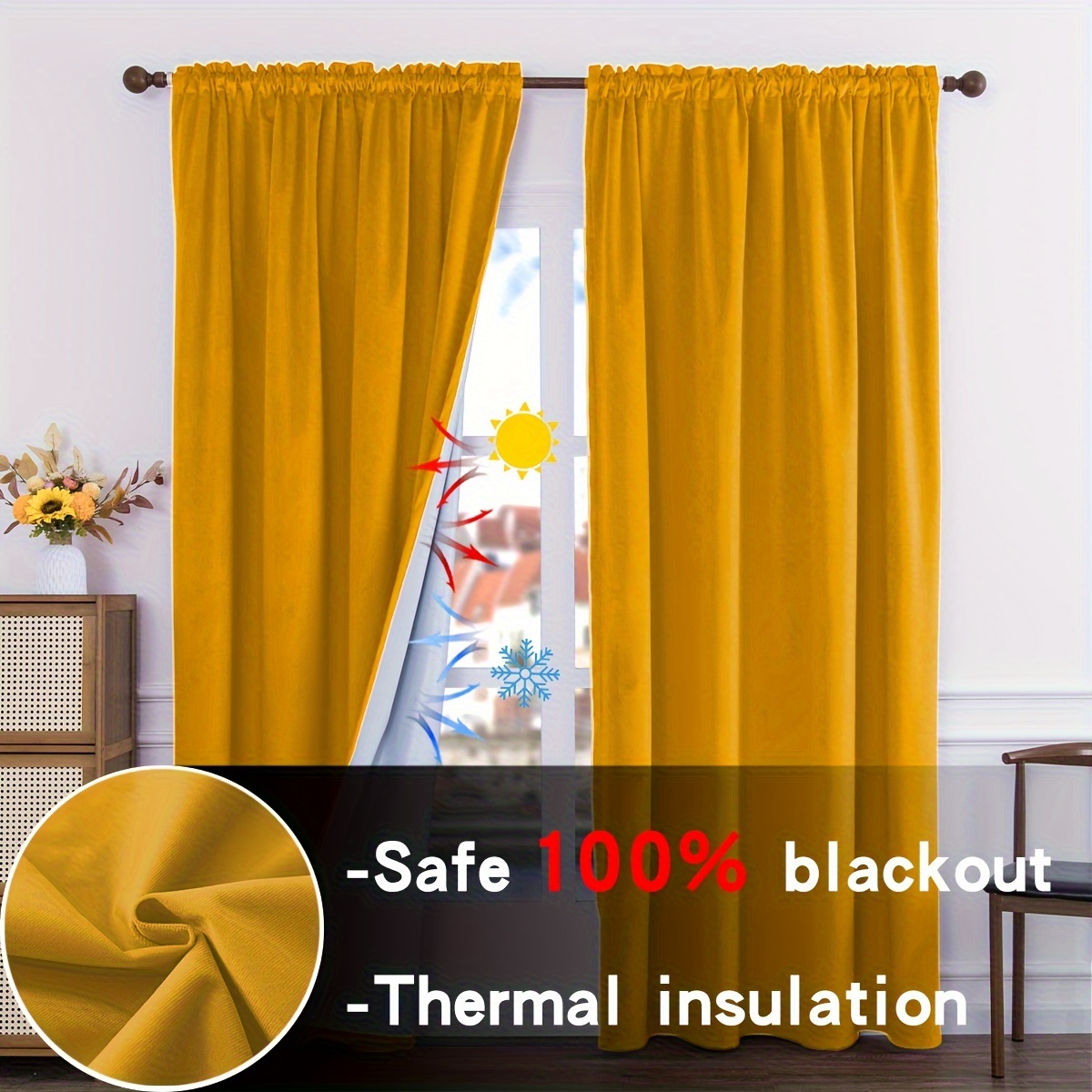 

2pcs Elegant Art Deco Insulated Blackout Curtains, Pole Pocket Design For Living Room & Bedroom, 100% Polyester, Mustard Yellow