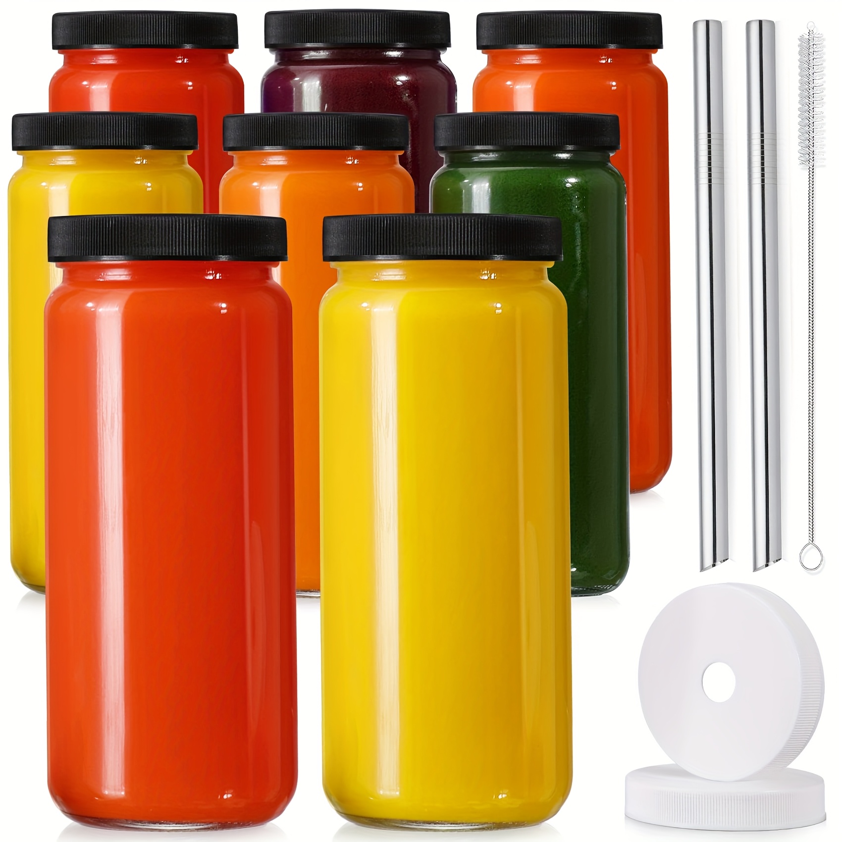 TEMU 8pcs Glass Juice Bottle - 16oz Travelling Drinking Bottle With Lid, Reusable Gomersen Jar For Juice, Pearl Milk Tea, Smoothies, Tea, Kombucha