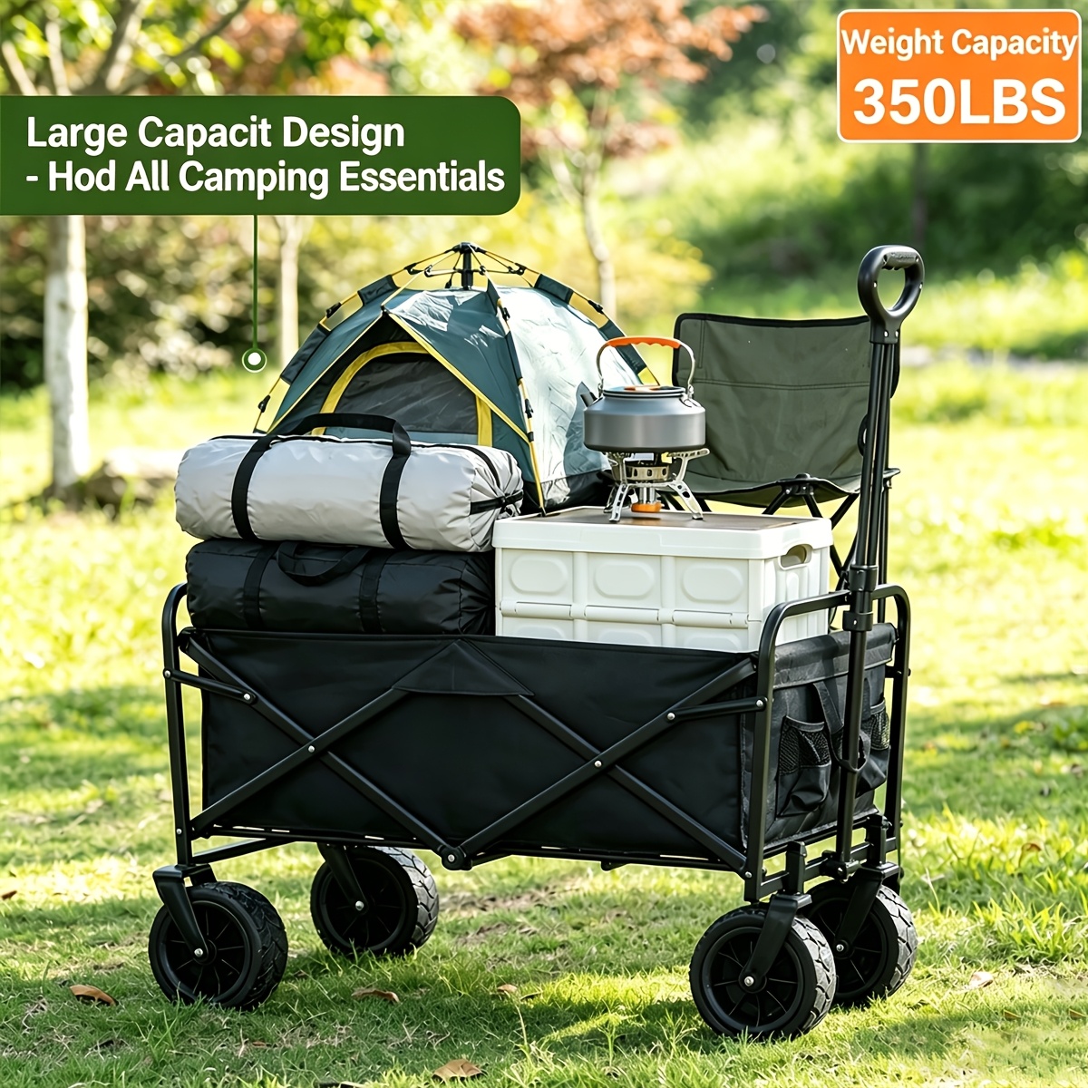 TEMU [150kg Load Capacity] Heavy Duty Camping Folding Cart 350lbs | Large Capacity Utility Cart For Yard Shopping, Sports, Outdoor, Gardening