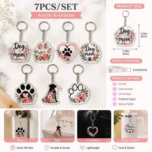 2d flat 2d flat 2d flat 7pcs cute floral dog paw print dog silhouette heart keychain gift for women on mothers day 2d flat