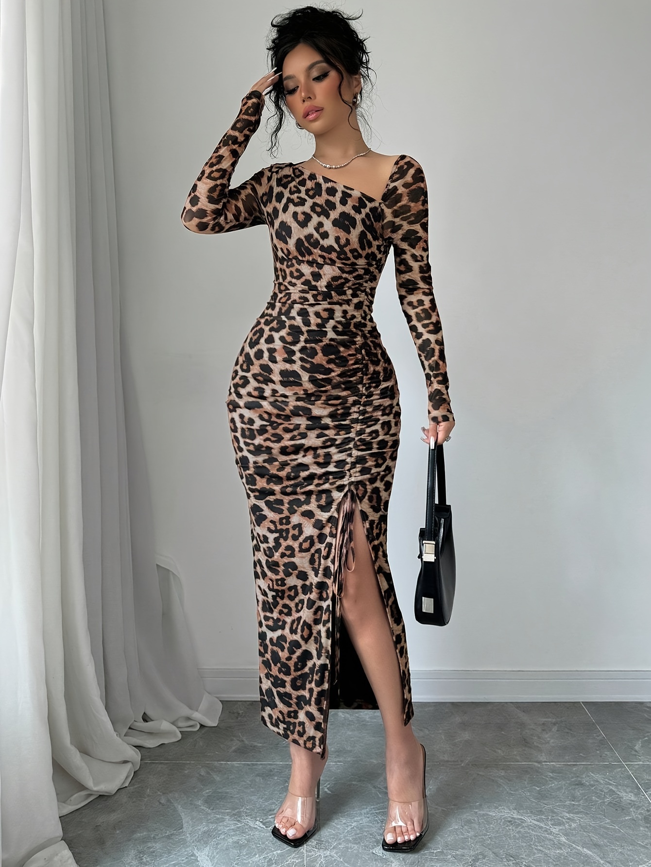 Women'S Elegant Leopard Print Long Sleeve Bodycon Dress with Asymmetrical  Neckline High-* Hem Stretchy Polyester Blend, Machine Washable Casual 