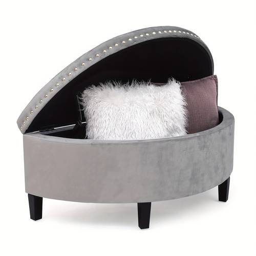 velvet half moon ottoman storage bench tufted ottoman with rivets for bedroom and entryway gray
