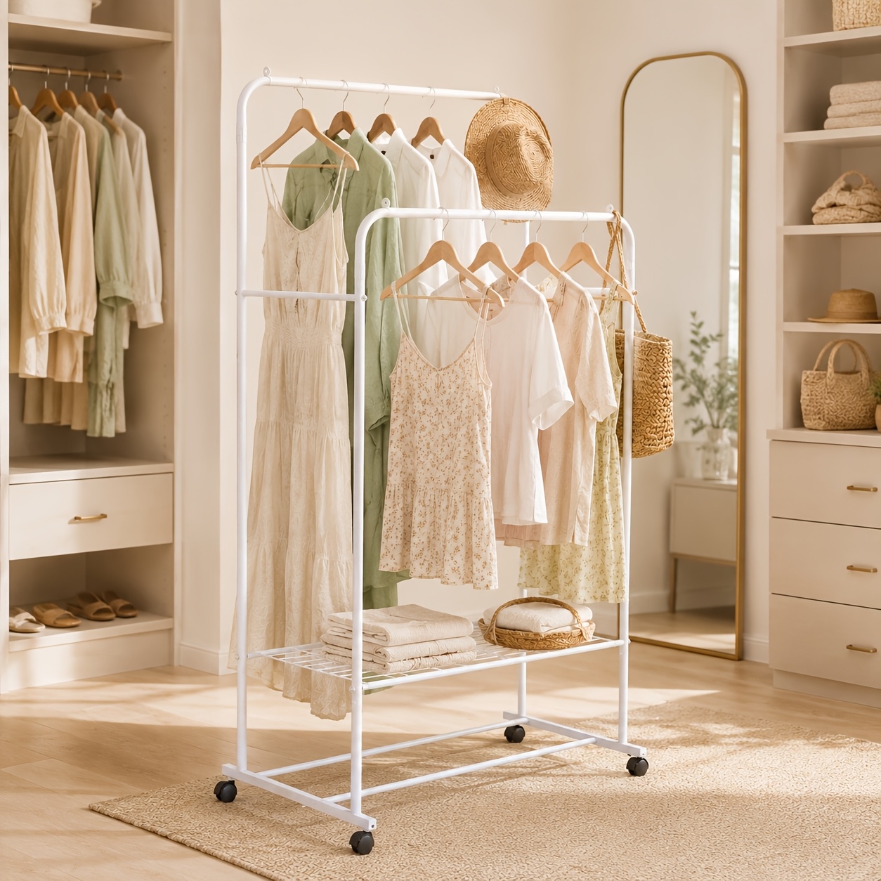 1pc Garment Rack On Wheels, Freestanding Hanger Double Rods Multi-functional Bedroom Clothing Rack, Closet Storage Organizer For Home, , Rental Apartment