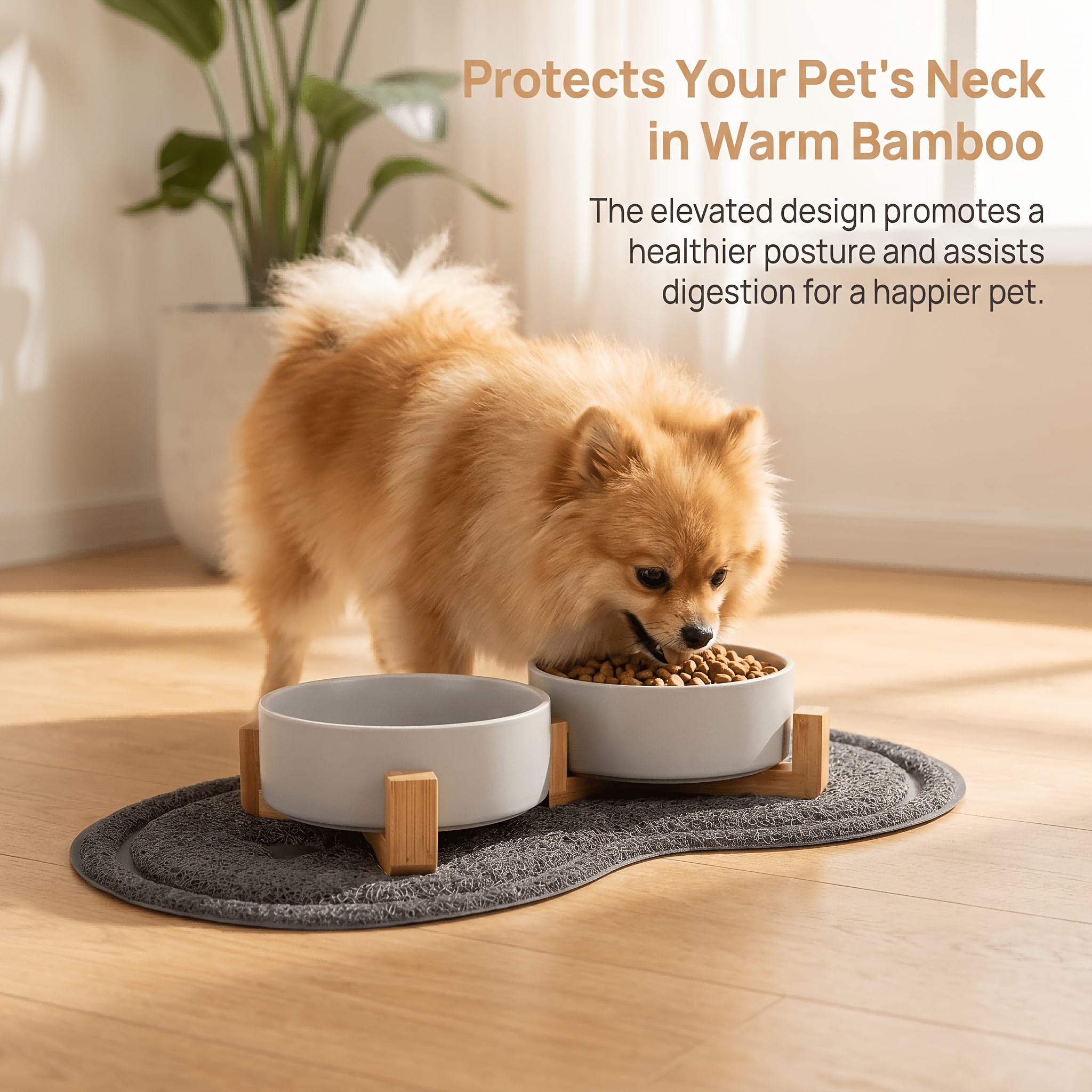 Image of Cat And Dog Feeding Bowls, Ceramic Pet Food Bowls With Bamboo Stand And Anti-slip Pad (400 Ml, 2pcs - Gray), Without Battery