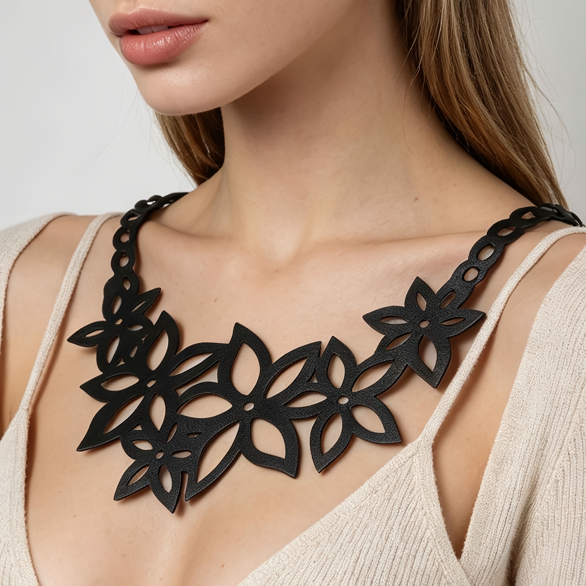 Black Hollow Floral Wide Necklace, Unique Niche Design