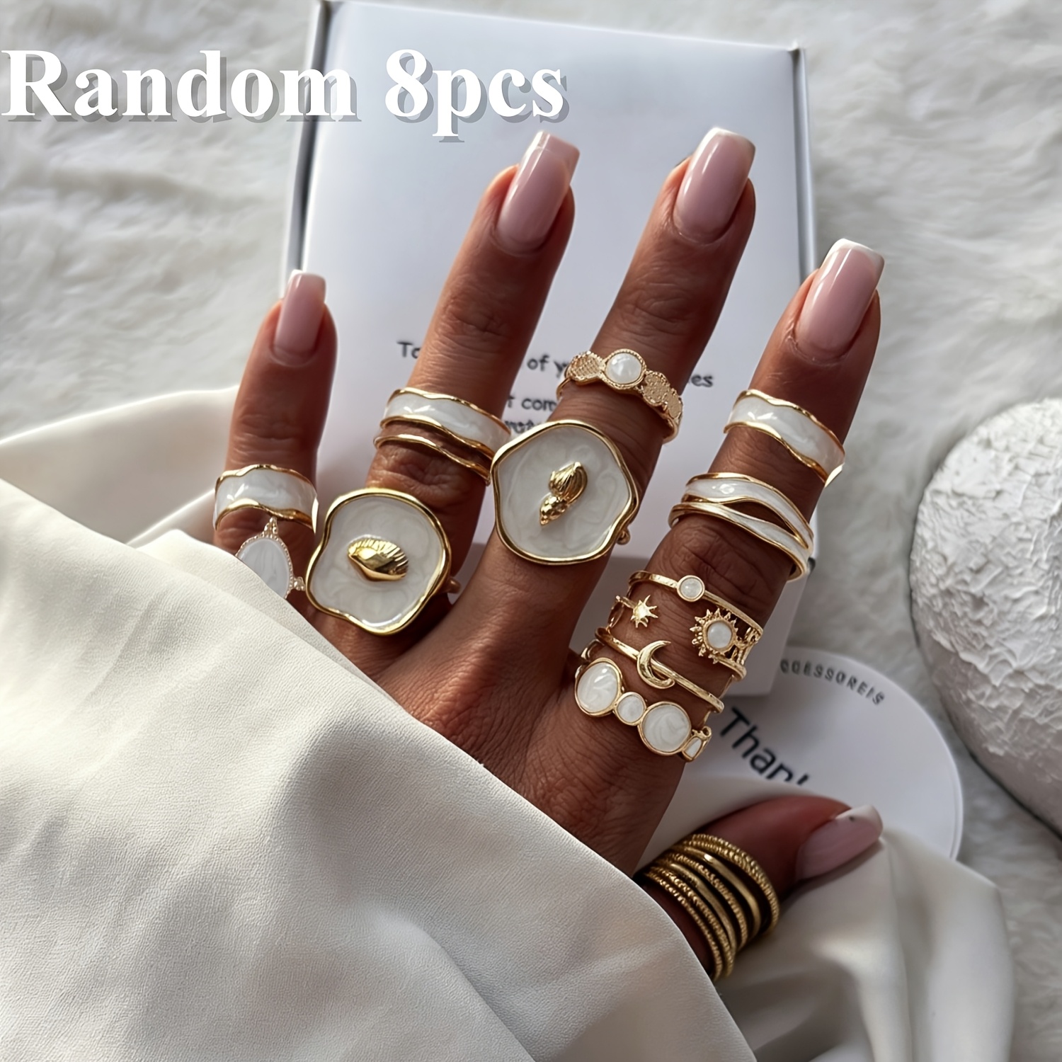 TEMU Lot de 8 bagues larges tendance pour femme, style bohème vintage, de épais, émail blanc dégoulinant, , , éclat d', ensemble de bagues empilables